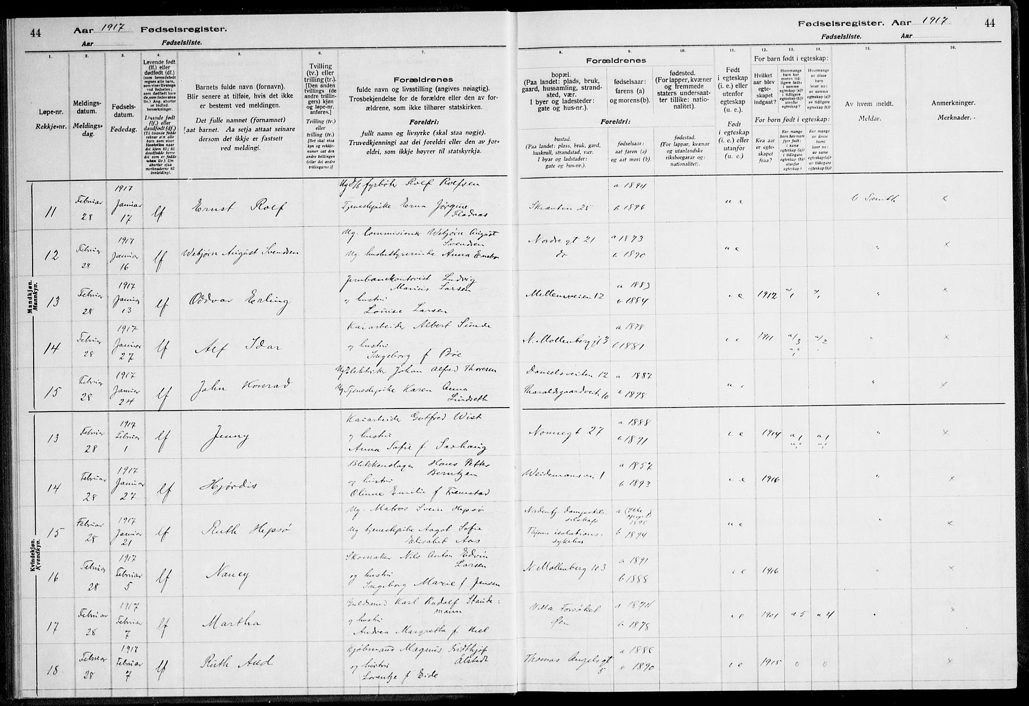 Ministerialprotokoller, klokkerbøker og fødselsregistre - Sør-Trøndelag, AV/SAT-A-1456/600/L0002: Birth register no. 600.II.4.1, 1916-1920, p. 44