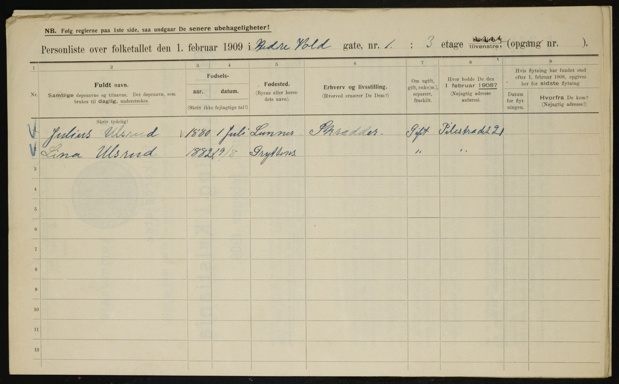 OBA, Municipal Census 1909 for Kristiania, 1909, p. 63064