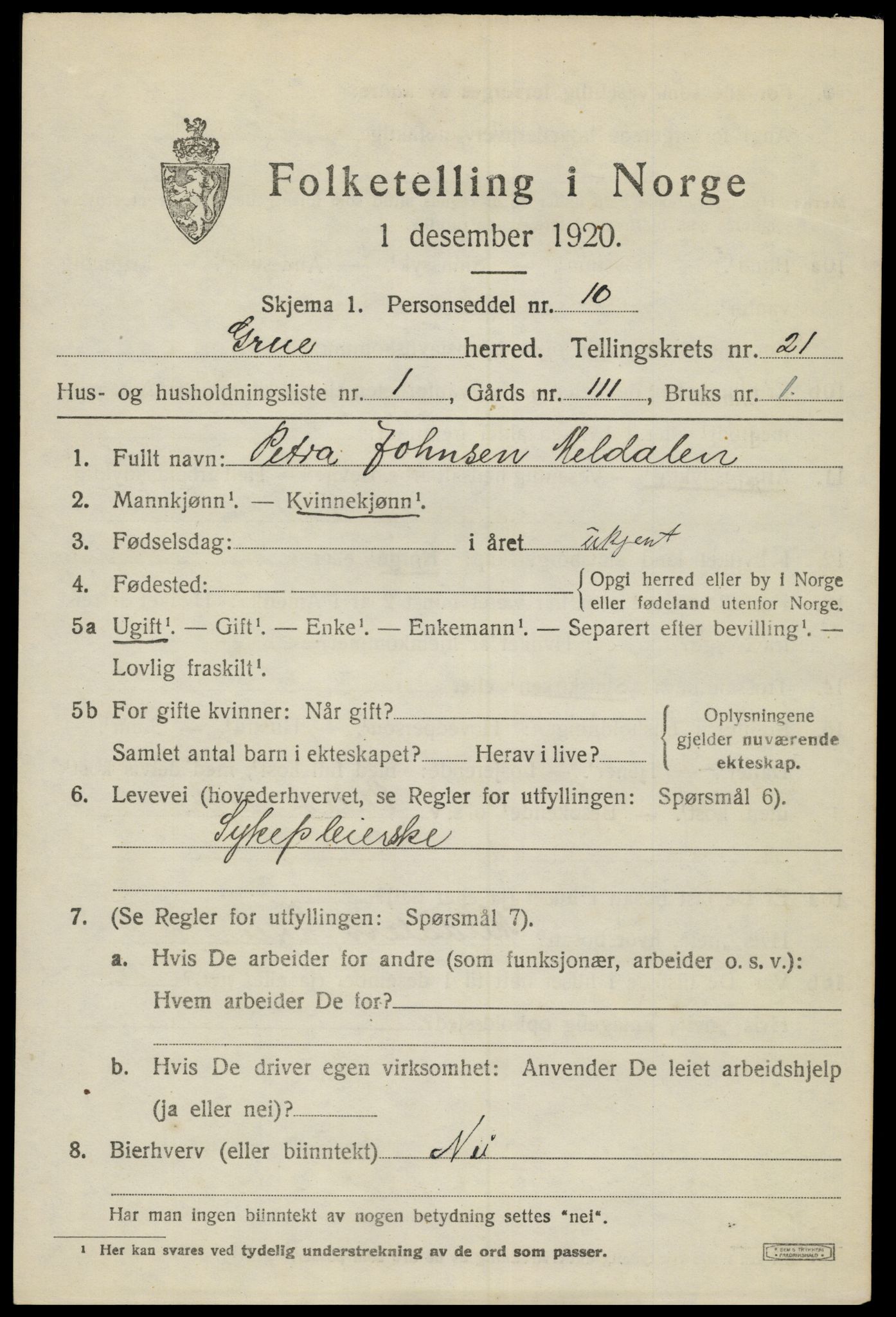 SAH, 1920 census for Grue, 1920, p. 15299