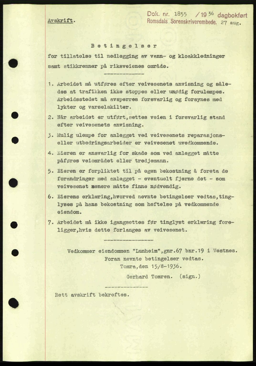 Romsdal sorenskriveri, AV/SAT-A-4149/1/2/2C: Mortgage book no. A1, 1936-1936, Diary no: : 1855/1936