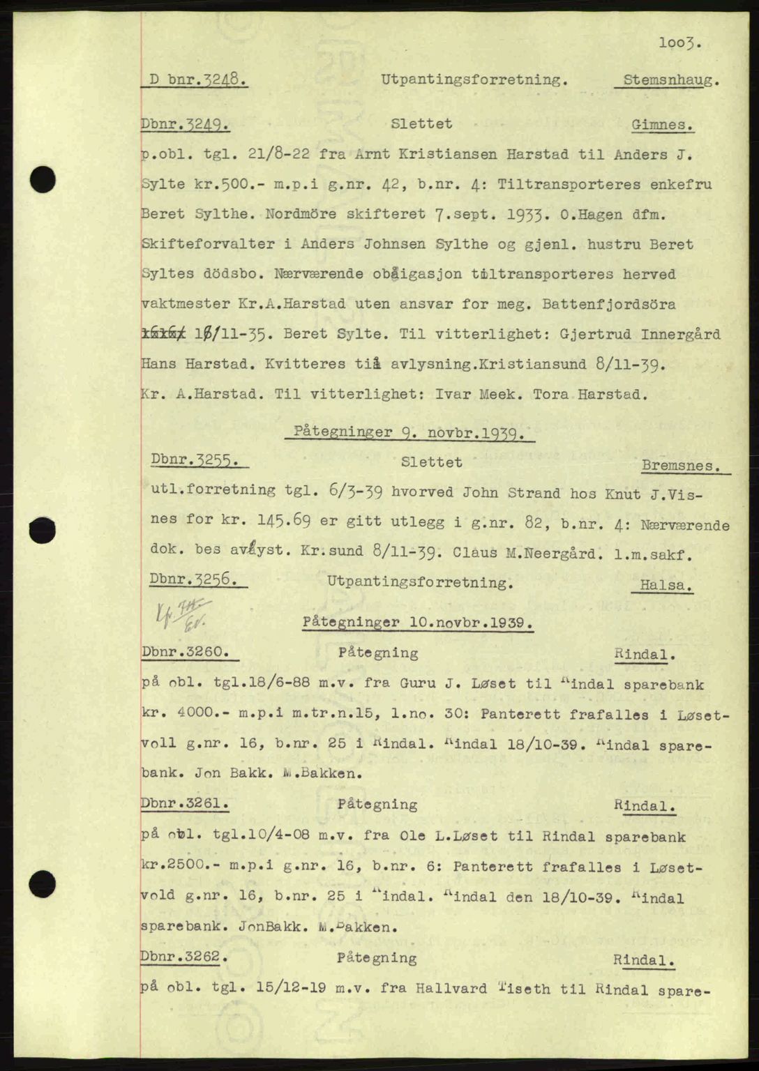 Nordmøre sorenskriveri, AV/SAT-A-4132/1/2/2Ca: Mortgage book no. C80, 1936-1939, Diary no: : 3248/1939