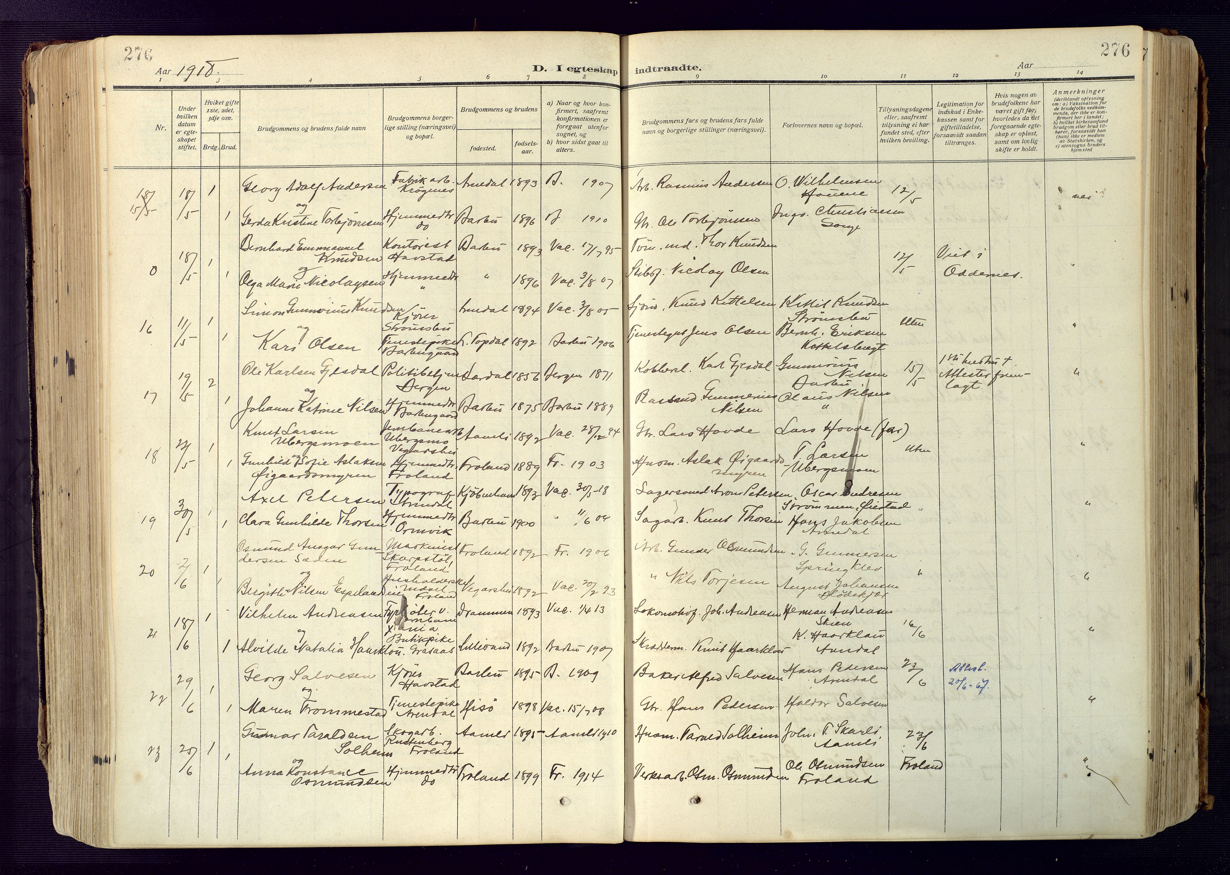 Barbu sokneprestkontor, AV/SAK-1111-0003/F/Fa/L0006: Parish register (official) no. A 6, 1910-1929, p. 276