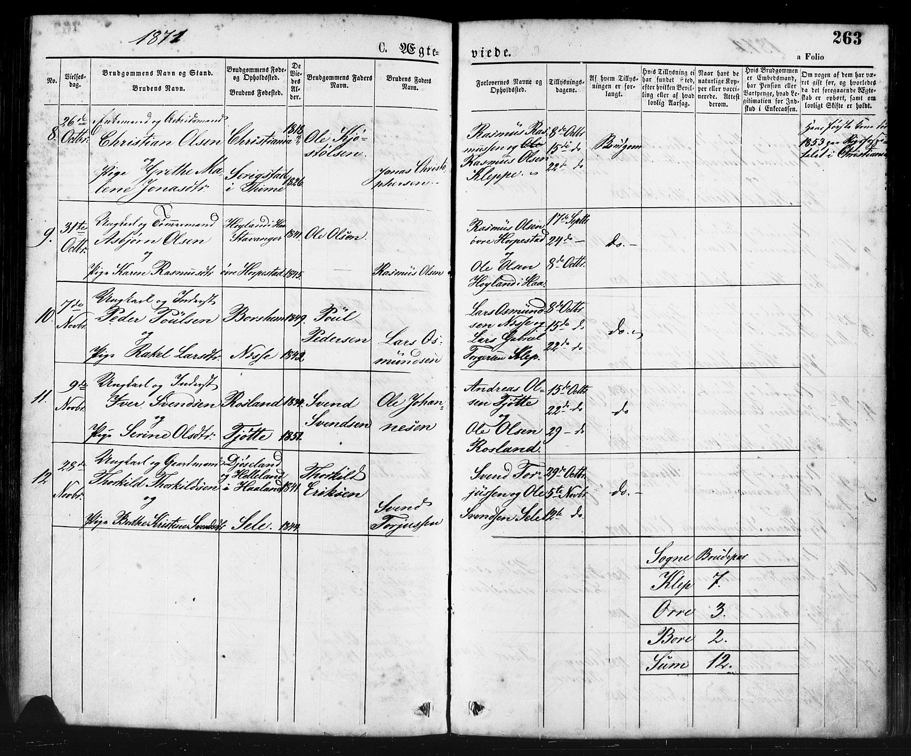 Klepp sokneprestkontor, AV/SAST-A-101803/001/3/30BA/L0006: Parish register (official) no. A 6, 1871-1885, p. 263