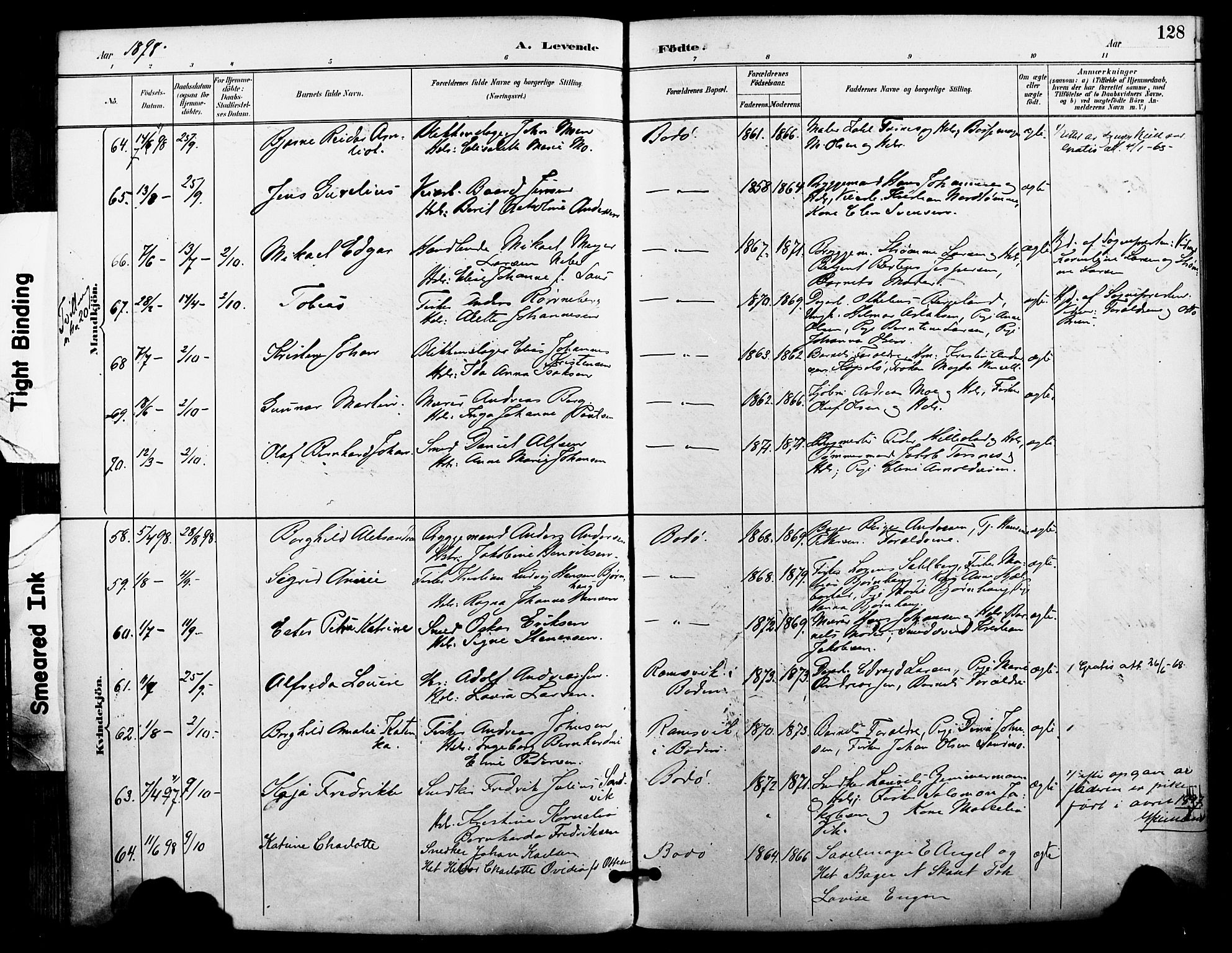 Ministerialprotokoller, klokkerbøker og fødselsregistre - Nordland, AV/SAT-A-1459/801/L0010: Parish register (official) no. 801A10, 1888-1899, p. 128