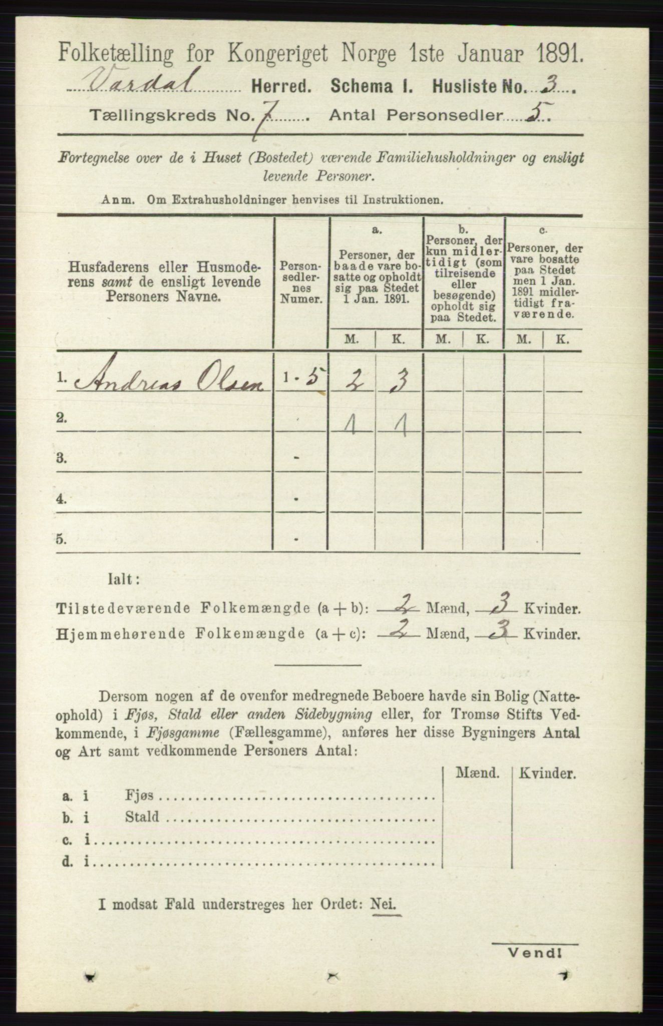 RA, 1891 census for 0527 Vardal, 1891, p. 2884