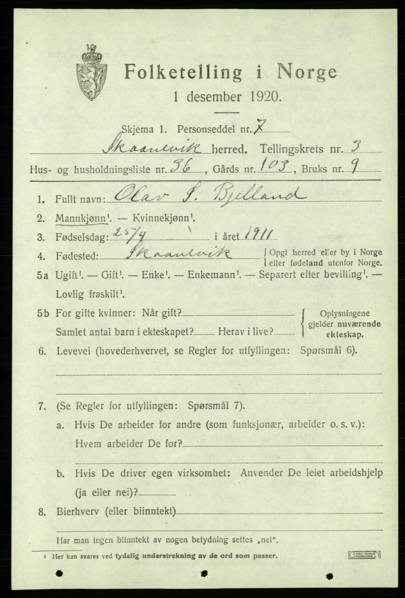 SAB, 1920 census for Skånevik, 1920, p. 3207