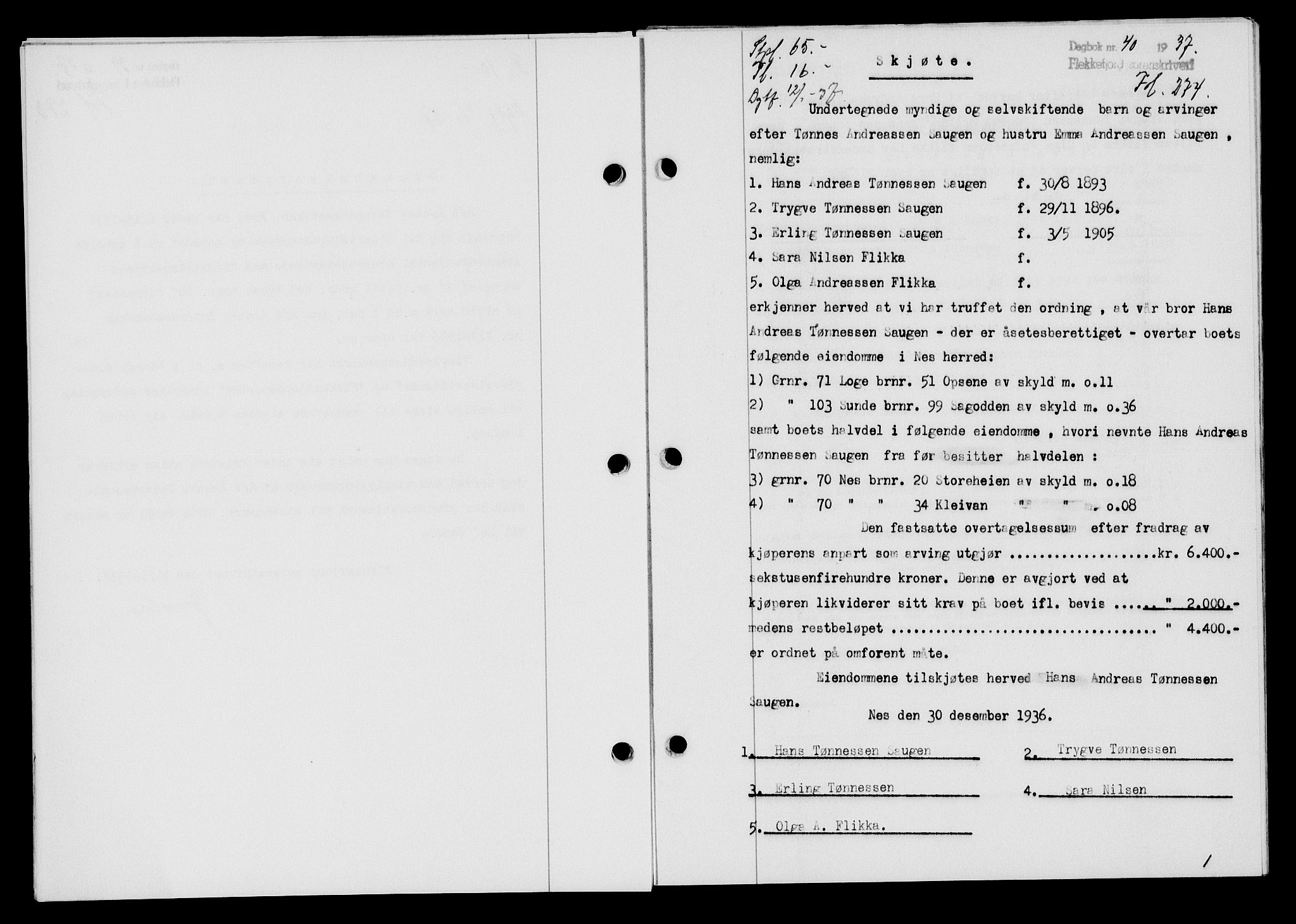 Flekkefjord sorenskriveri, SAK/1221-0001/G/Gb/Gba/L0053: Mortgage book no. A-1, 1936-1937, Diary no: : 40/1937