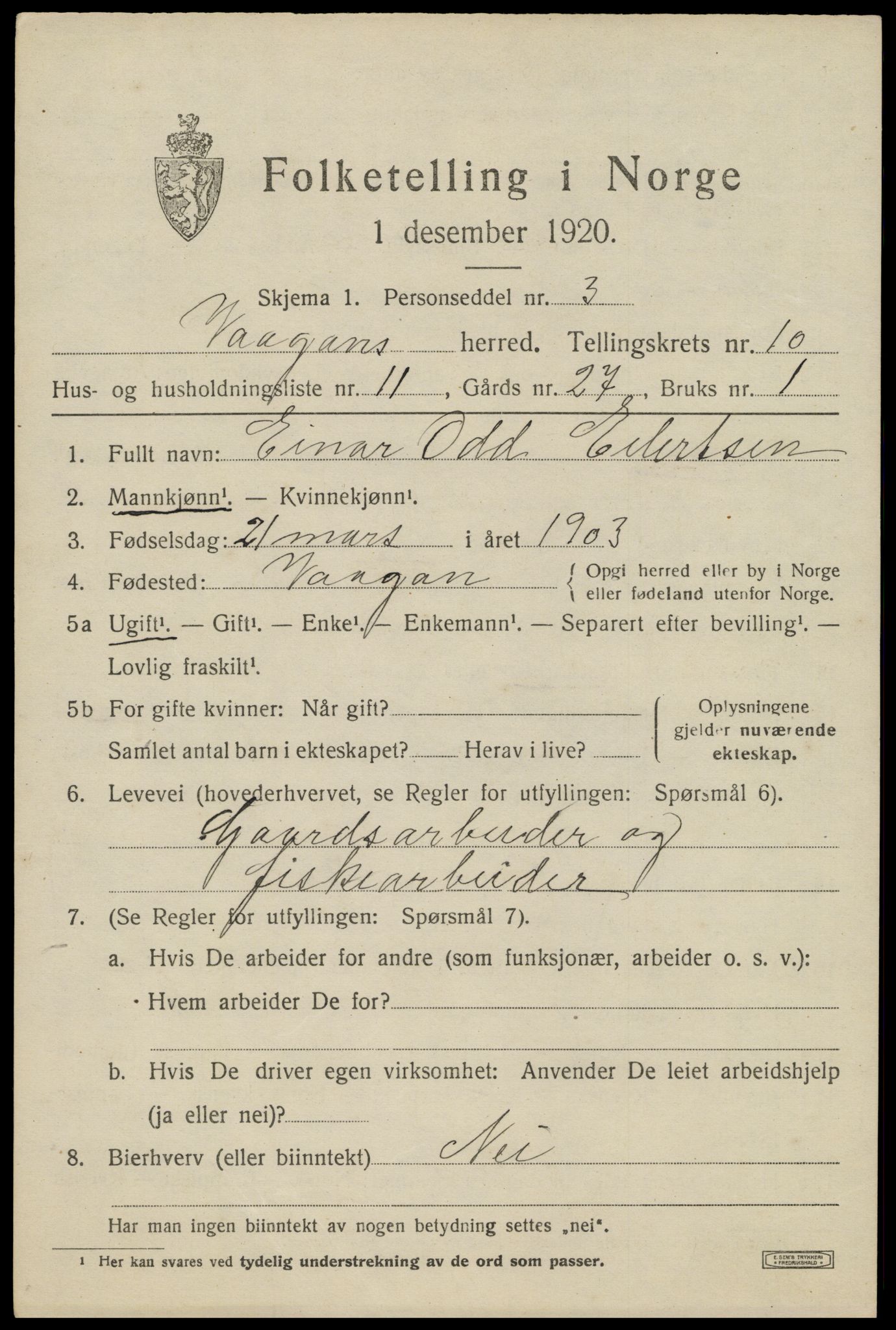 SAT, 1920 census for Vågan, 1920, p. 8993