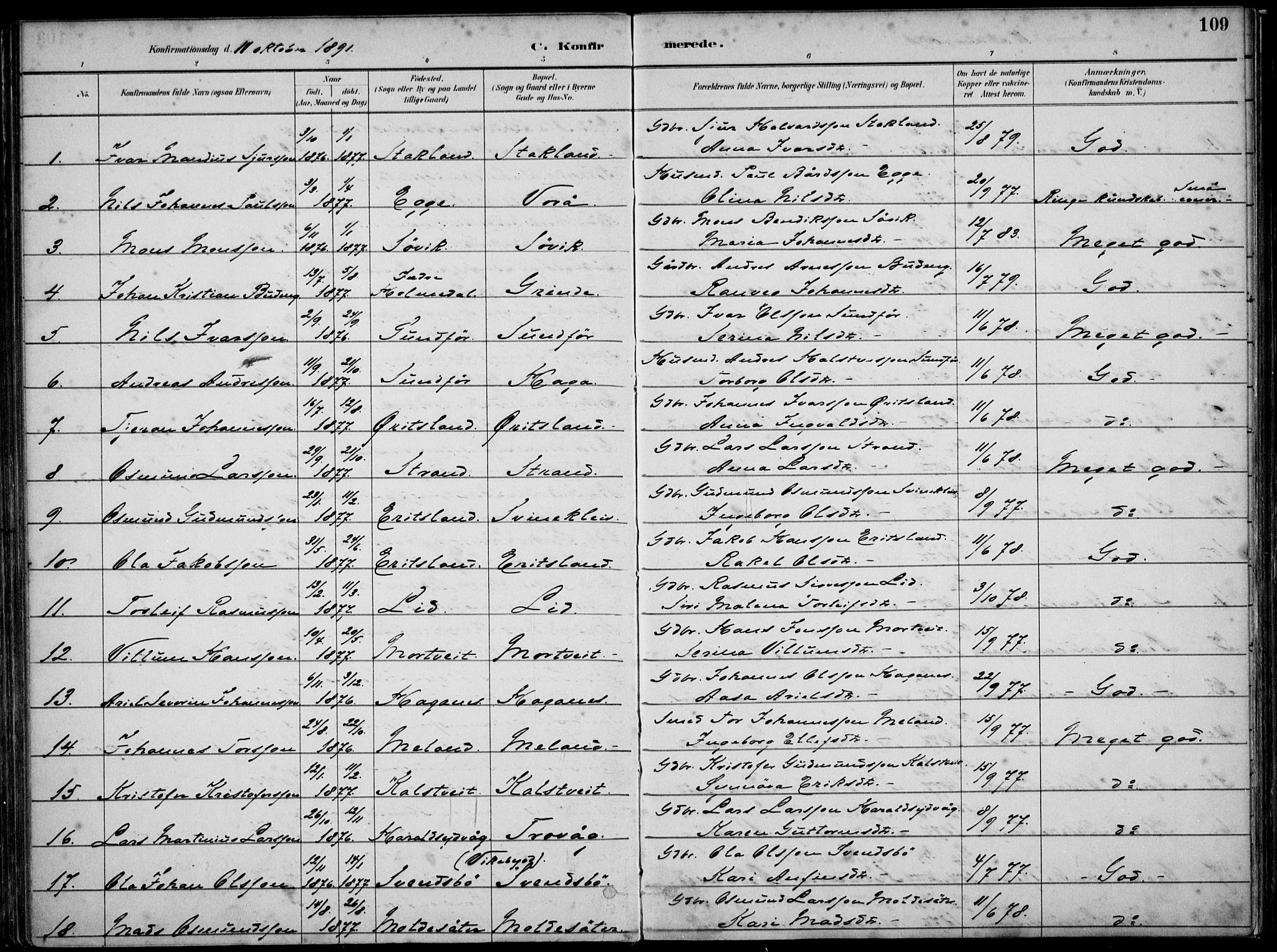 Skjold sokneprestkontor, AV/SAST-A-101847/H/Ha/Haa/L0010: Parish register (official) no. A 10, 1882-1897, p. 109