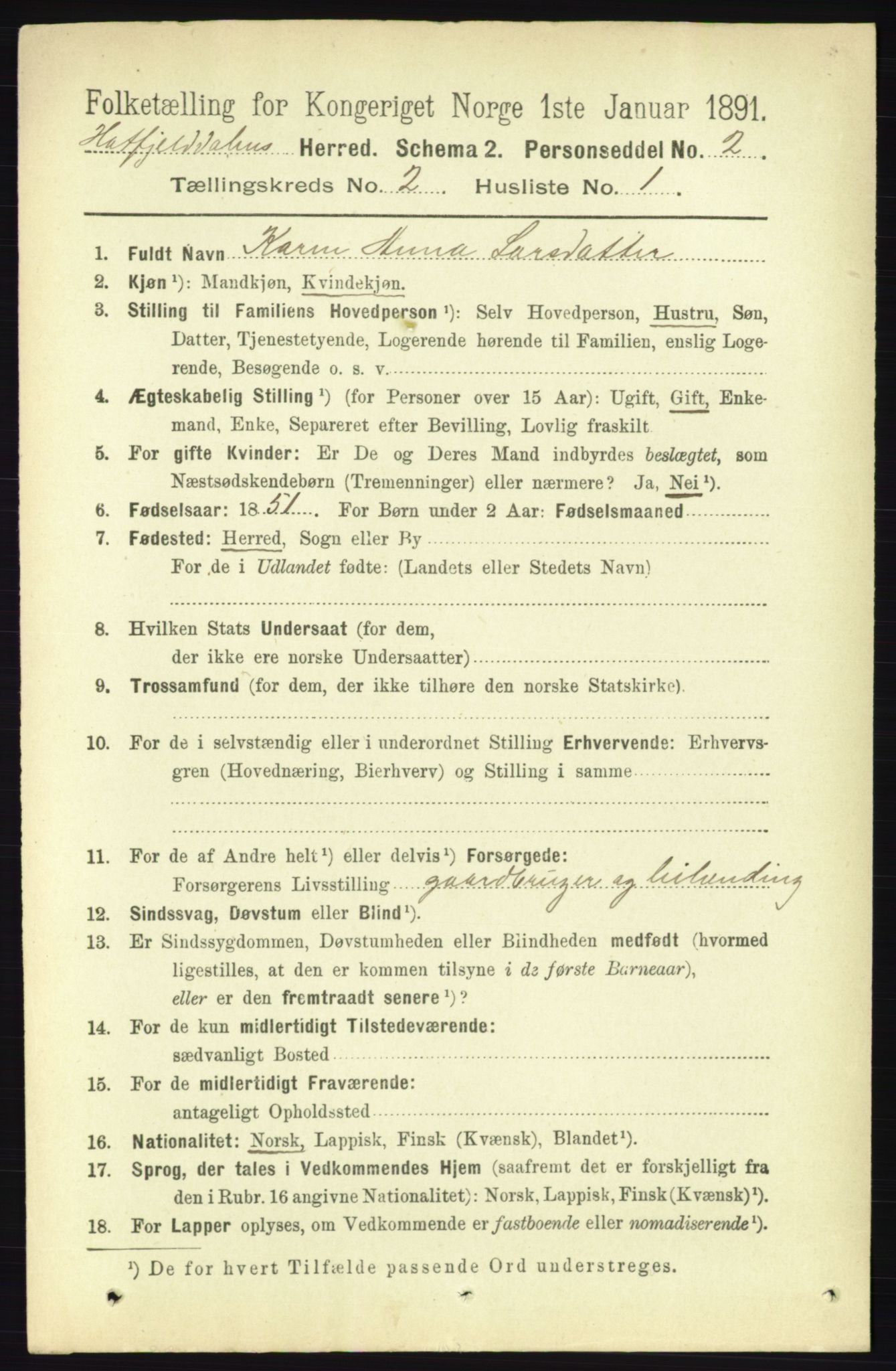 RA, 1891 census for 1826 Hattfjelldal, 1891, p. 289