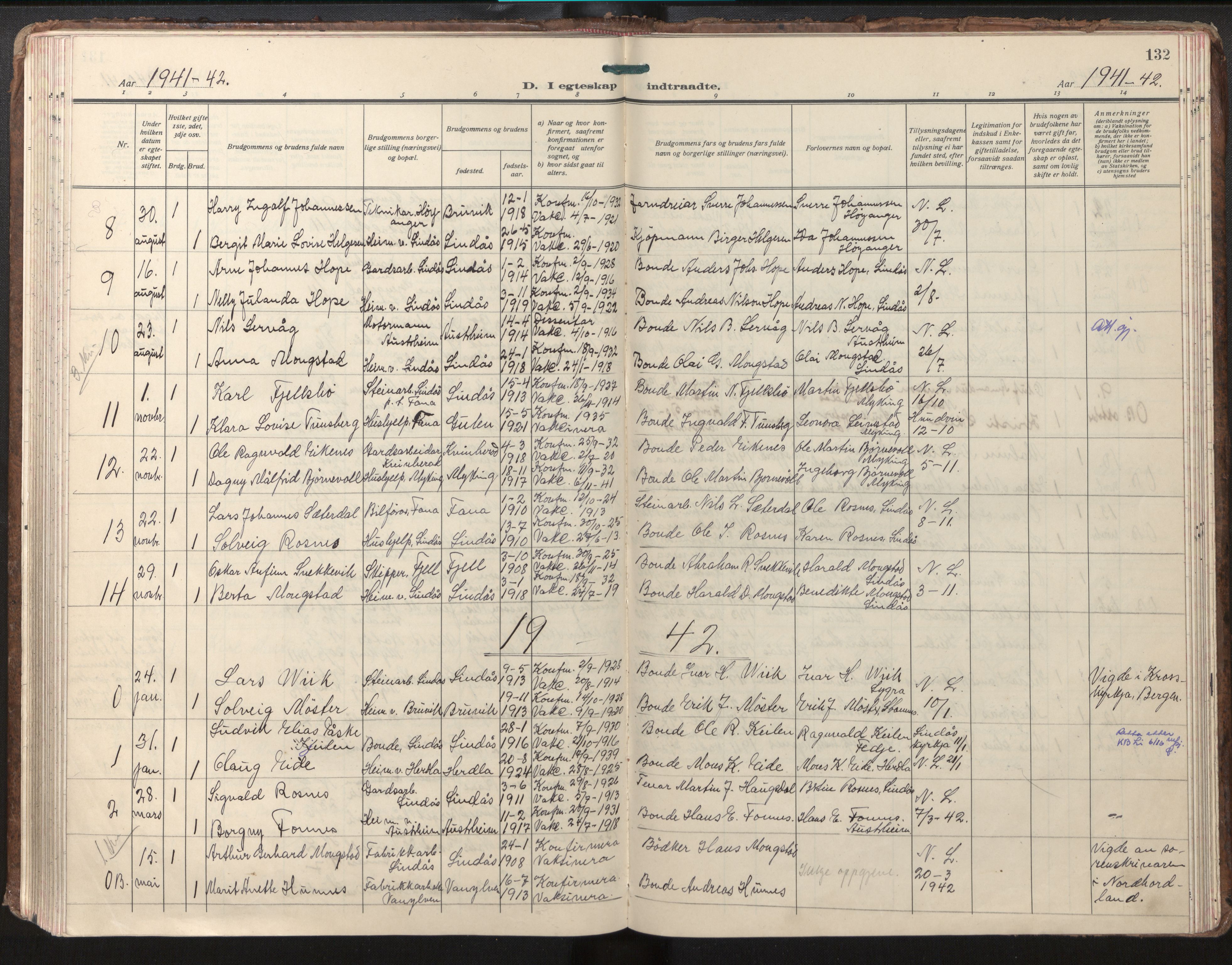 Lindås Sokneprestembete, AV/SAB-A-76701/H/Haa/Haab/L0004: Parish register (official) no. B 4, 1929-1948, p. 132