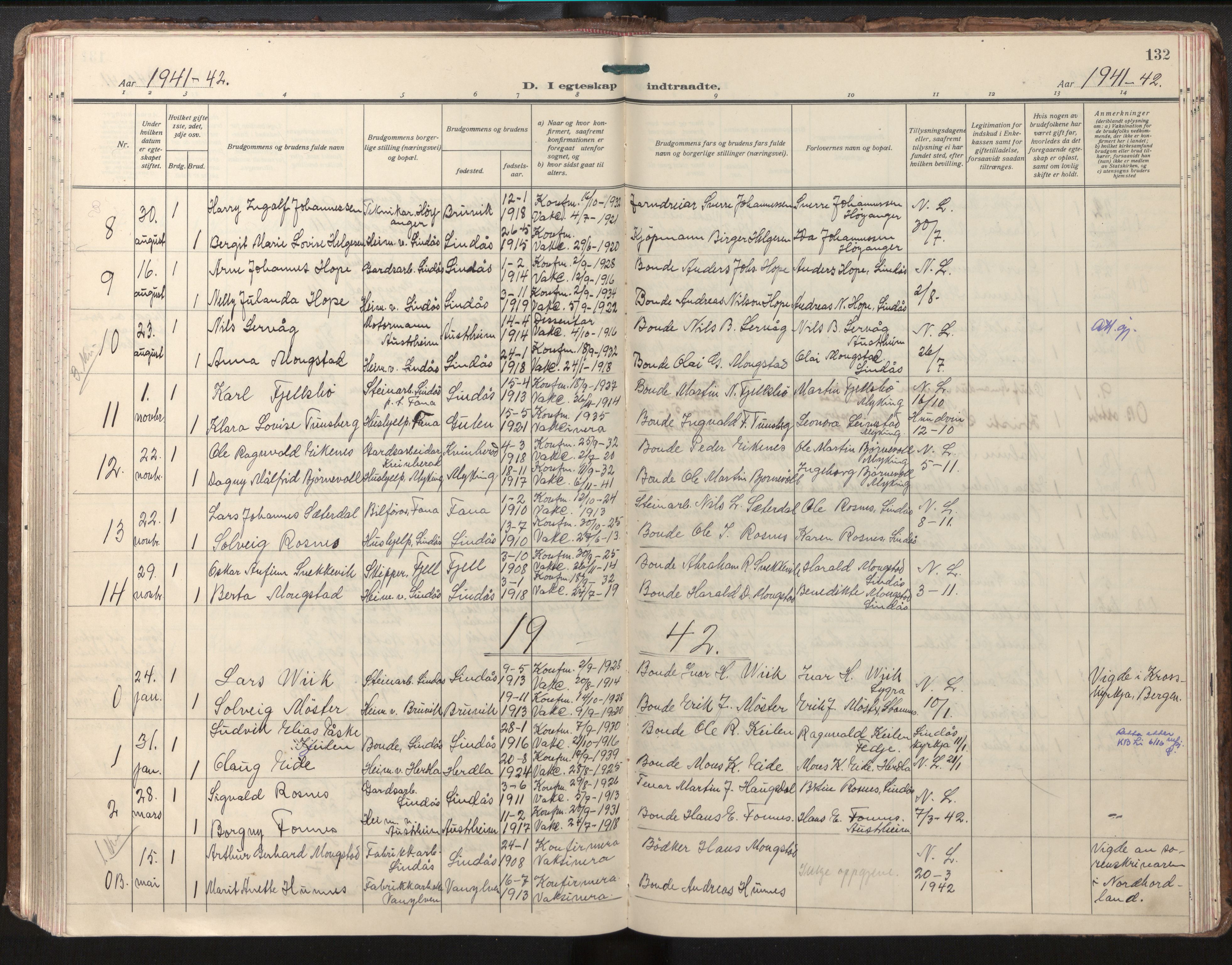 Lindås Sokneprestembete, SAB/A-76701/H/Haa/Haab/L0004: Parish register (official) no. B 4, 1929-1948, p. 132