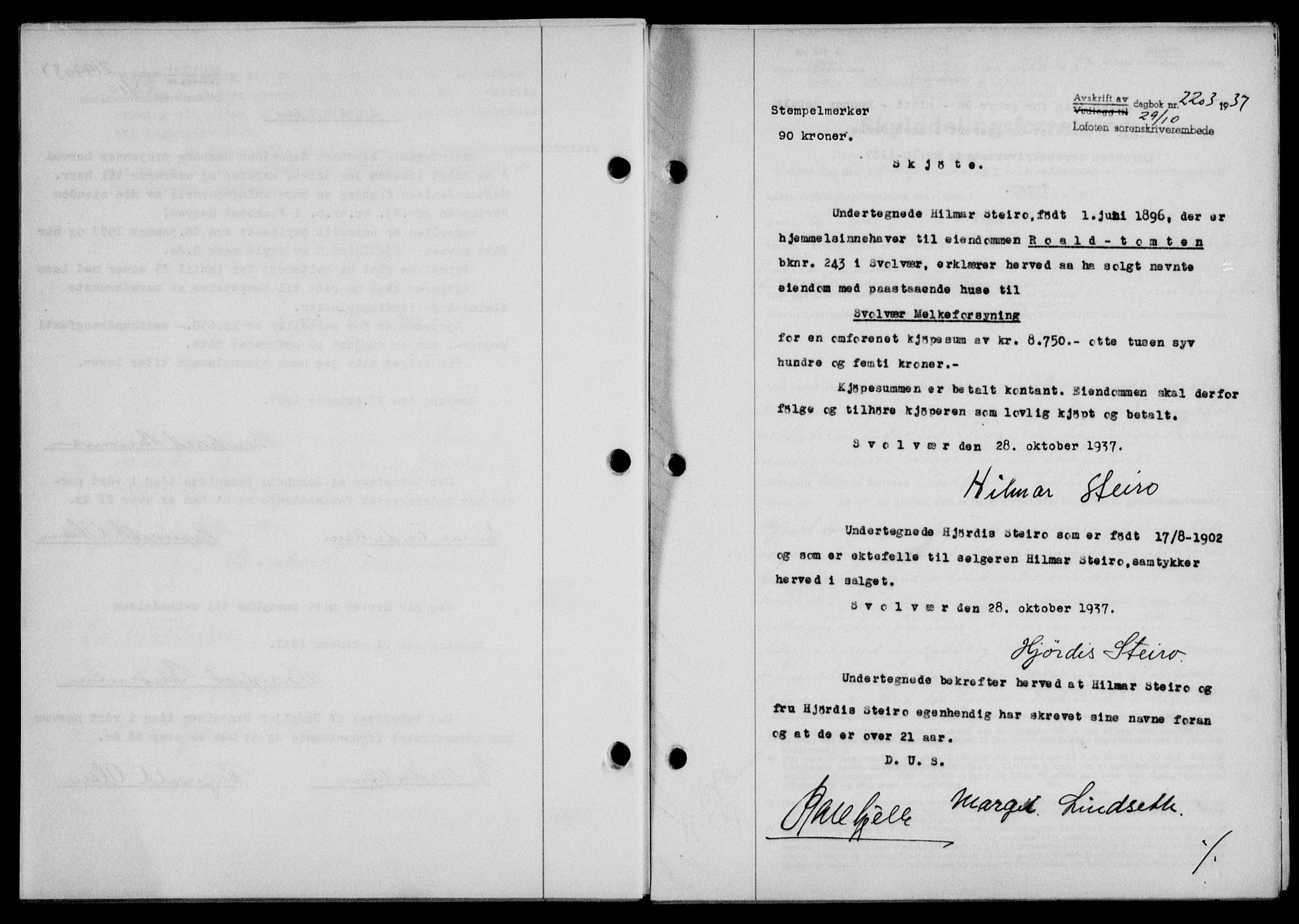 Lofoten sorenskriveri, SAT/A-0017/1/2/2C/L0003a: Mortgage book no. 3a, 1937-1938, Diary no: : 2203/1937