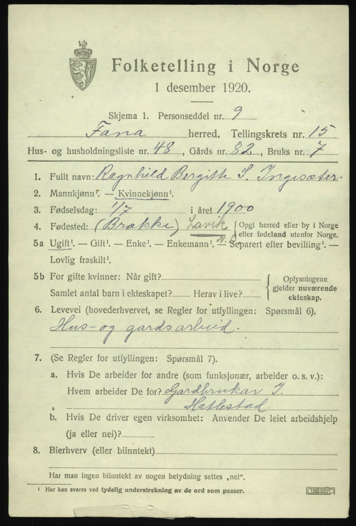 SAB, 1920 census for Fana, 1920, p. 21649