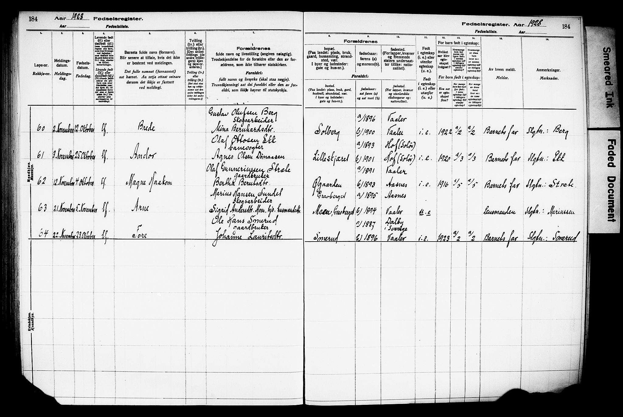 Våler prestekontor, Hedmark, AV/SAH-PREST-040/I/Id/L0001: Birth register no. 1, 1916-1930, p. 184