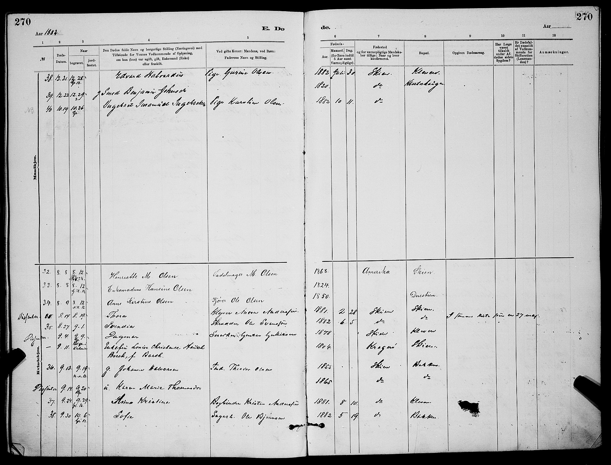 Skien kirkebøker, AV/SAKO-A-302/G/Ga/L0006: Parish register (copy) no. 6, 1881-1890, p. 270