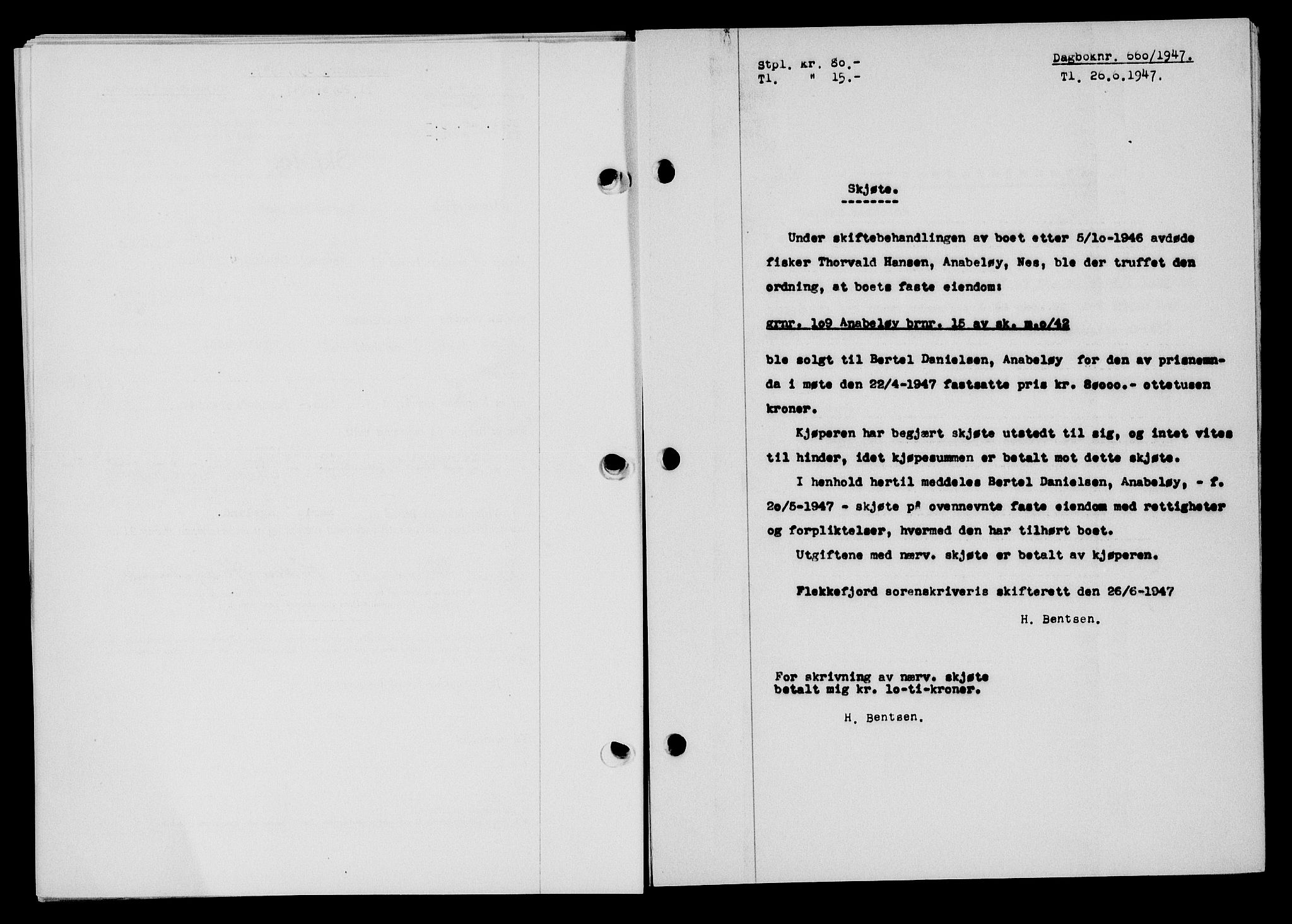 Flekkefjord sorenskriveri, SAK/1221-0001/G/Gb/Gba/L0062: Mortgage book no. A-10, 1947-1947, Diary no: : 660/1947