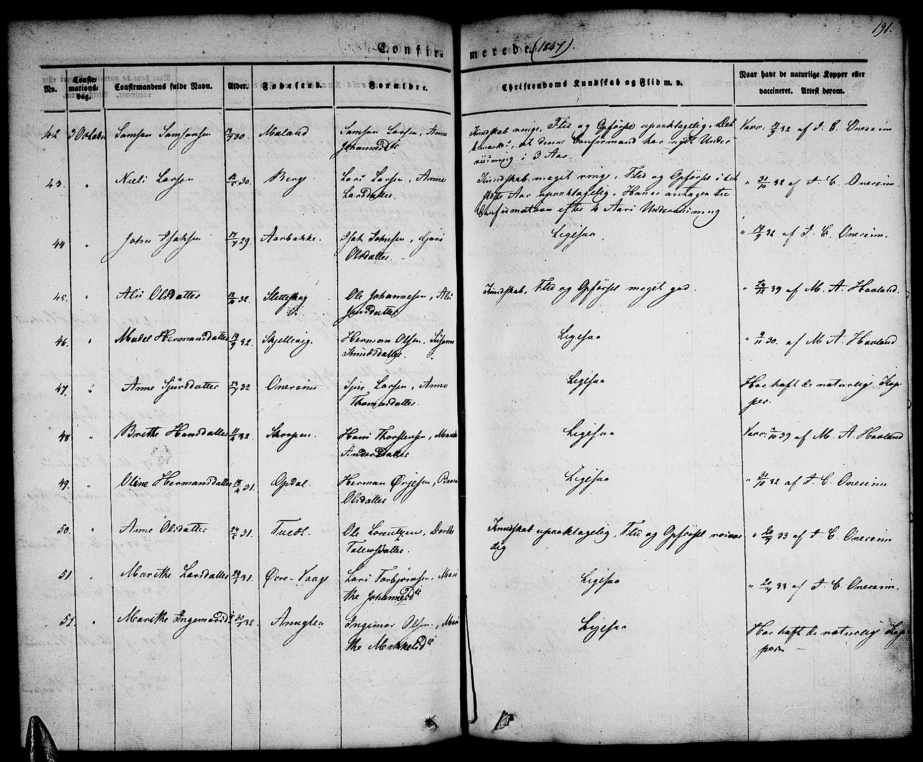 Tysnes sokneprestembete, AV/SAB-A-78601/H/Haa: Parish register (official) no. A 9, 1837-1848, p. 191