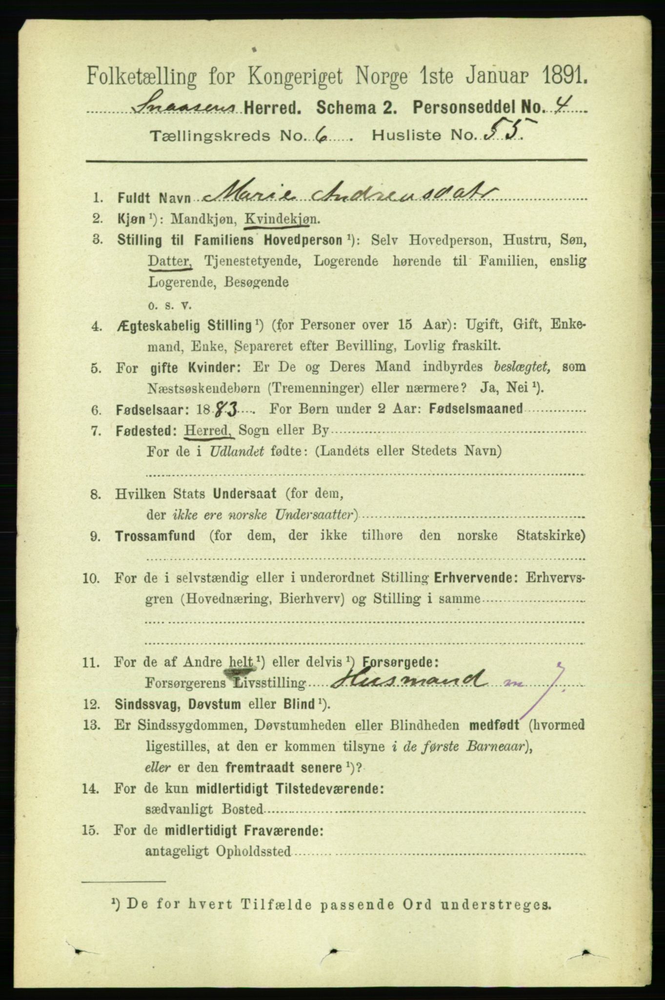 RA, 1891 census for 1736 Snåsa, 1891, p. 2218