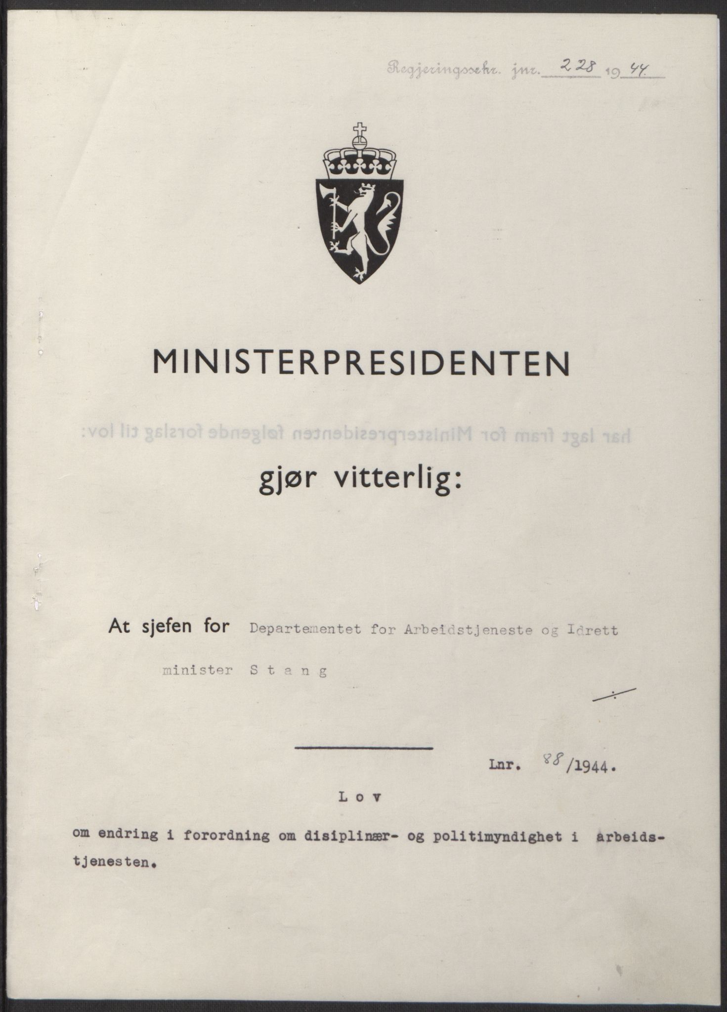 NS-administrasjonen 1940-1945 (Statsrådsekretariatet, de kommisariske statsråder mm), RA/S-4279/D/Db/L0100: Lover, 1944, p. 415