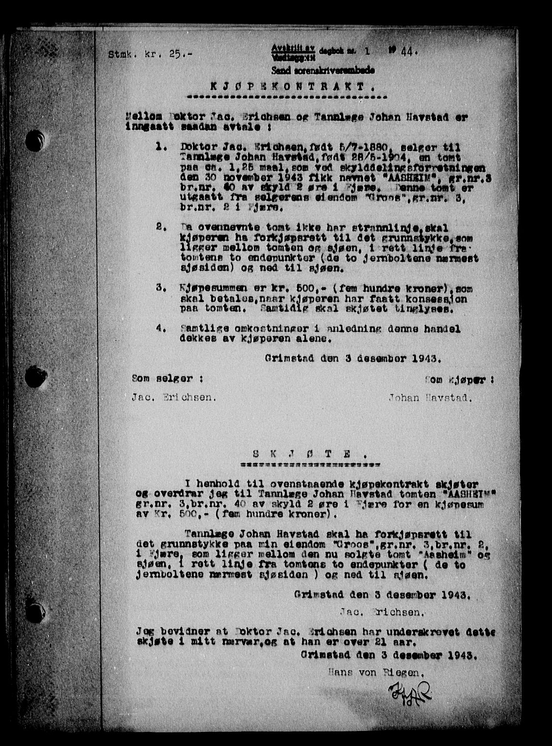 Vestre Nedenes/Sand sorenskriveri, SAK/1221-0010/G/Gb/Gba/L0053: Mortgage book no. A 6, 1944-1945, Diary no: : 1/1944