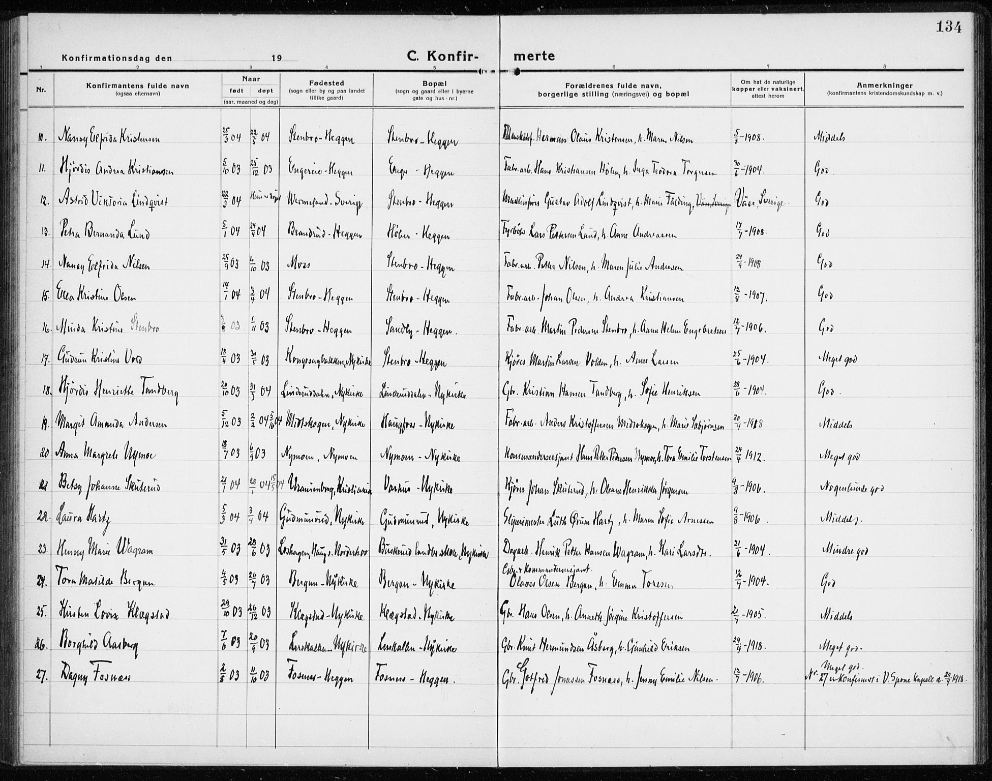 Modum kirkebøker, AV/SAKO-A-234/G/Gc/L0002: Parish register (copy) no. III 2, 1919-1935, p. 134