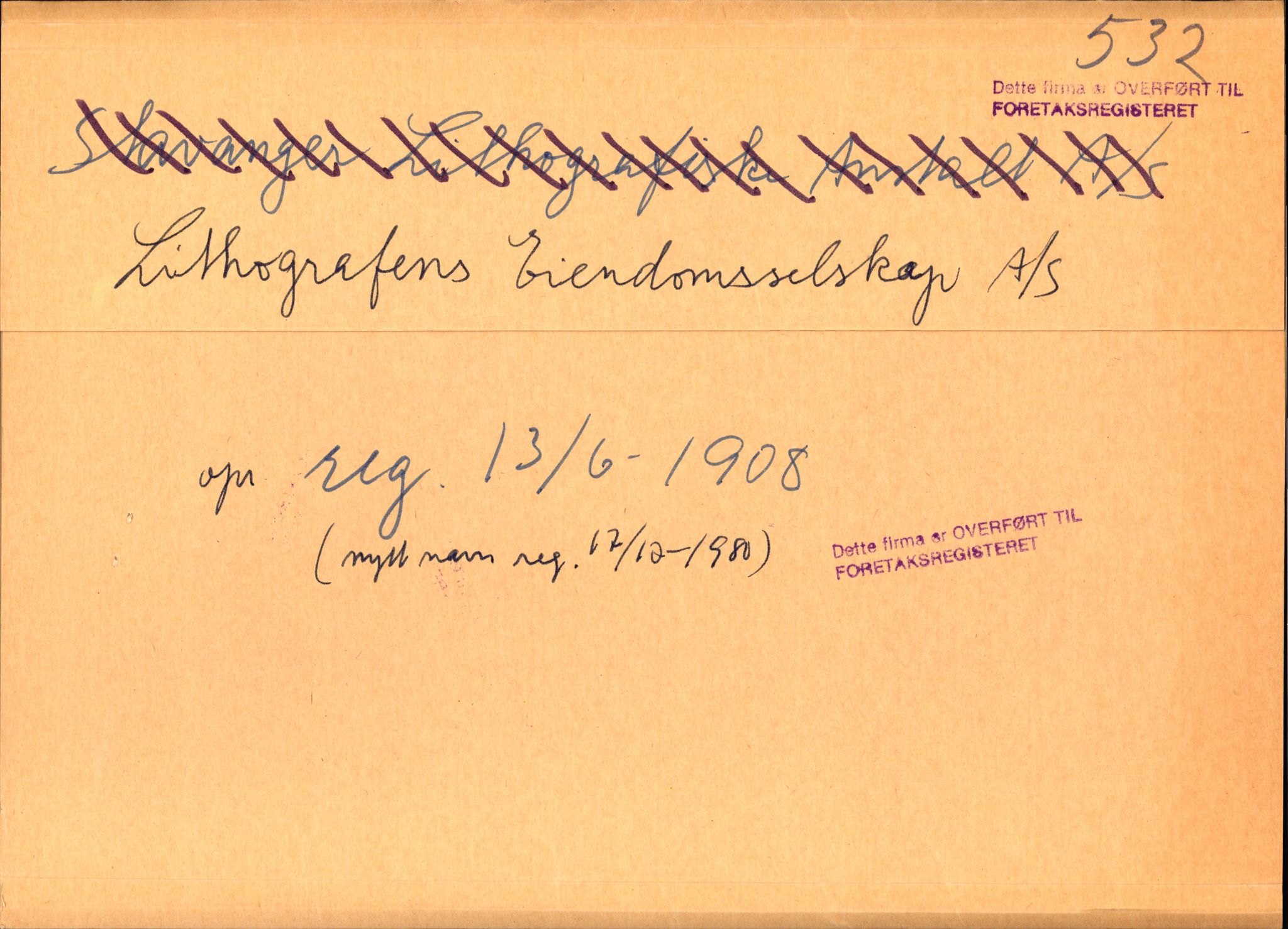 Stavanger byfogd, AV/SAST-A-101408/002/J/Jd/Jde/L0046: Registreringsmeldinger og bilag. Aksjeselskap, 532-564, 1891-1960, p. 1