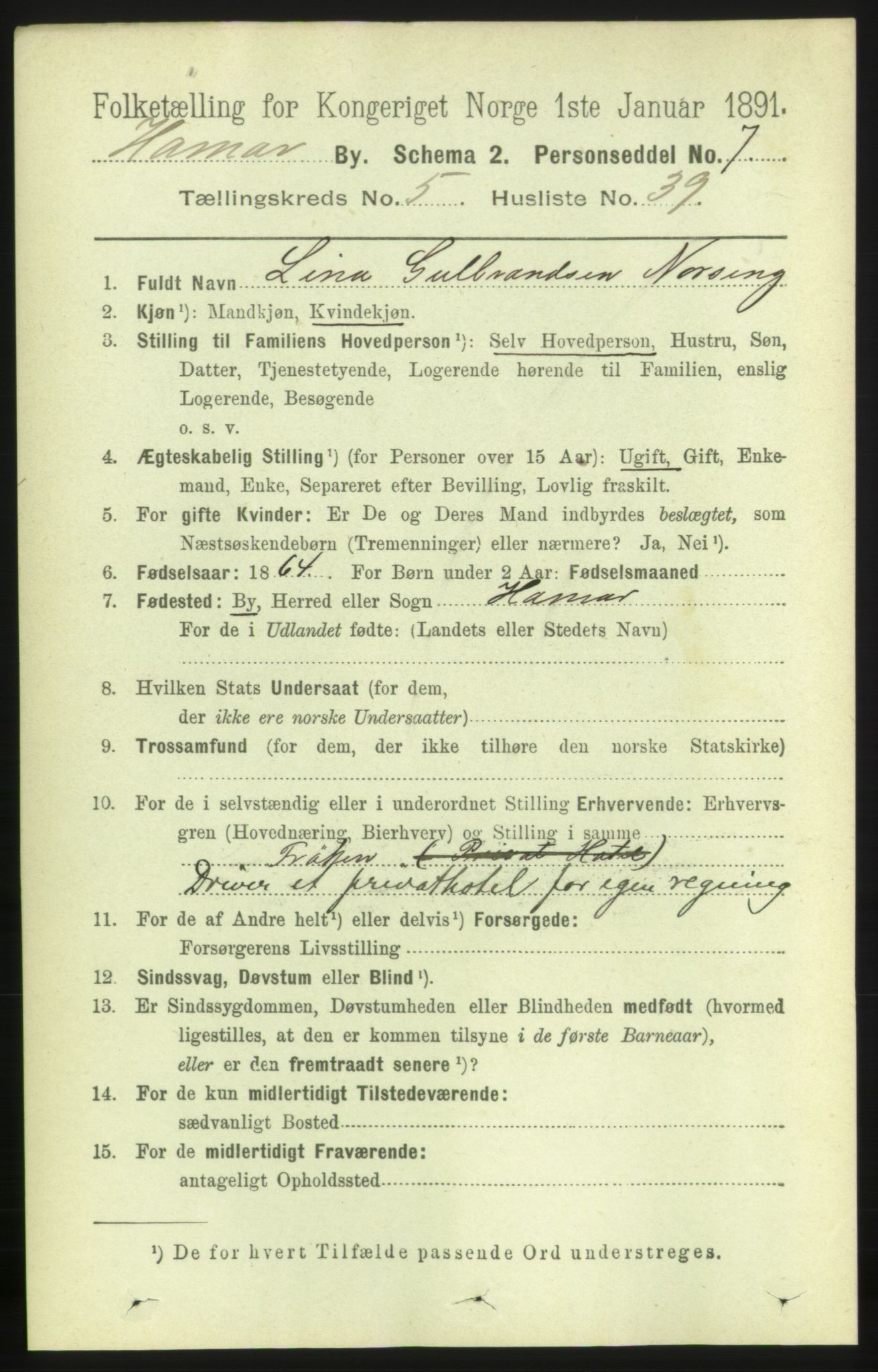 RA, 1891 census for 0401 Hamar, 1891, p. 4310