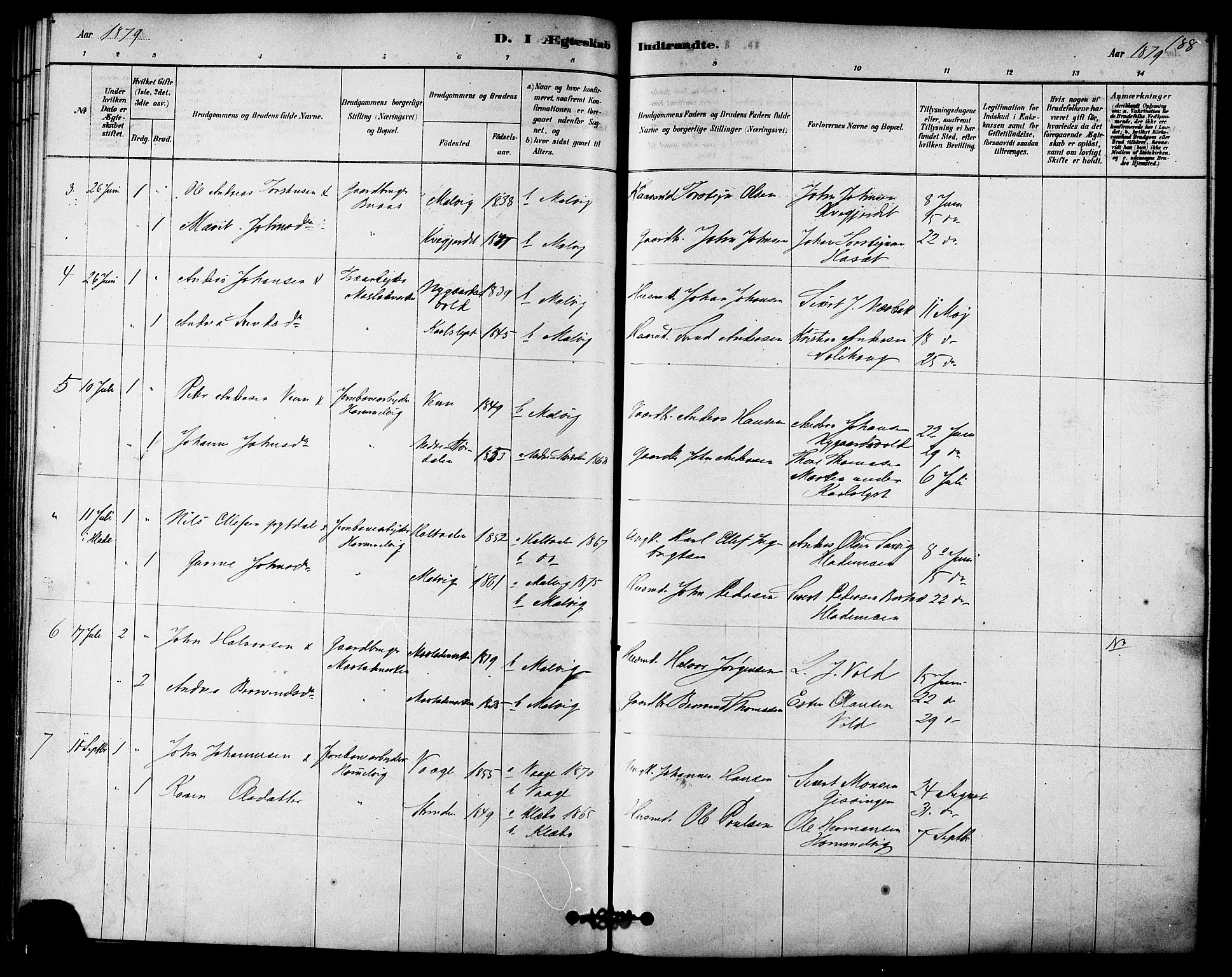Ministerialprotokoller, klokkerbøker og fødselsregistre - Sør-Trøndelag, AV/SAT-A-1456/616/L0410: Parish register (official) no. 616A07, 1878-1893, p. 188