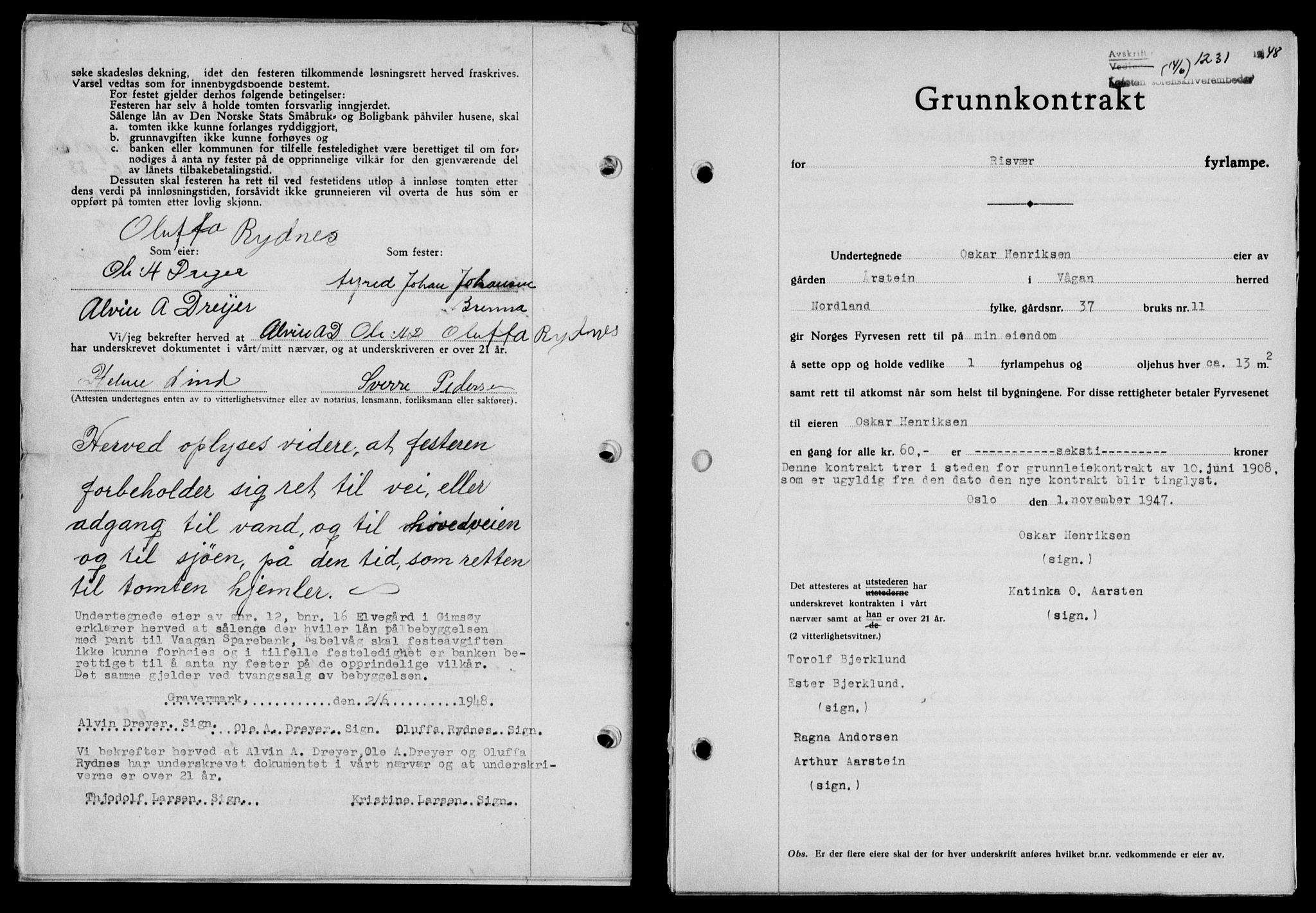 Lofoten sorenskriveri, SAT/A-0017/1/2/2C/L0018a: Mortgage book no. 18a, 1948-1948, Diary no: : 1231/1948