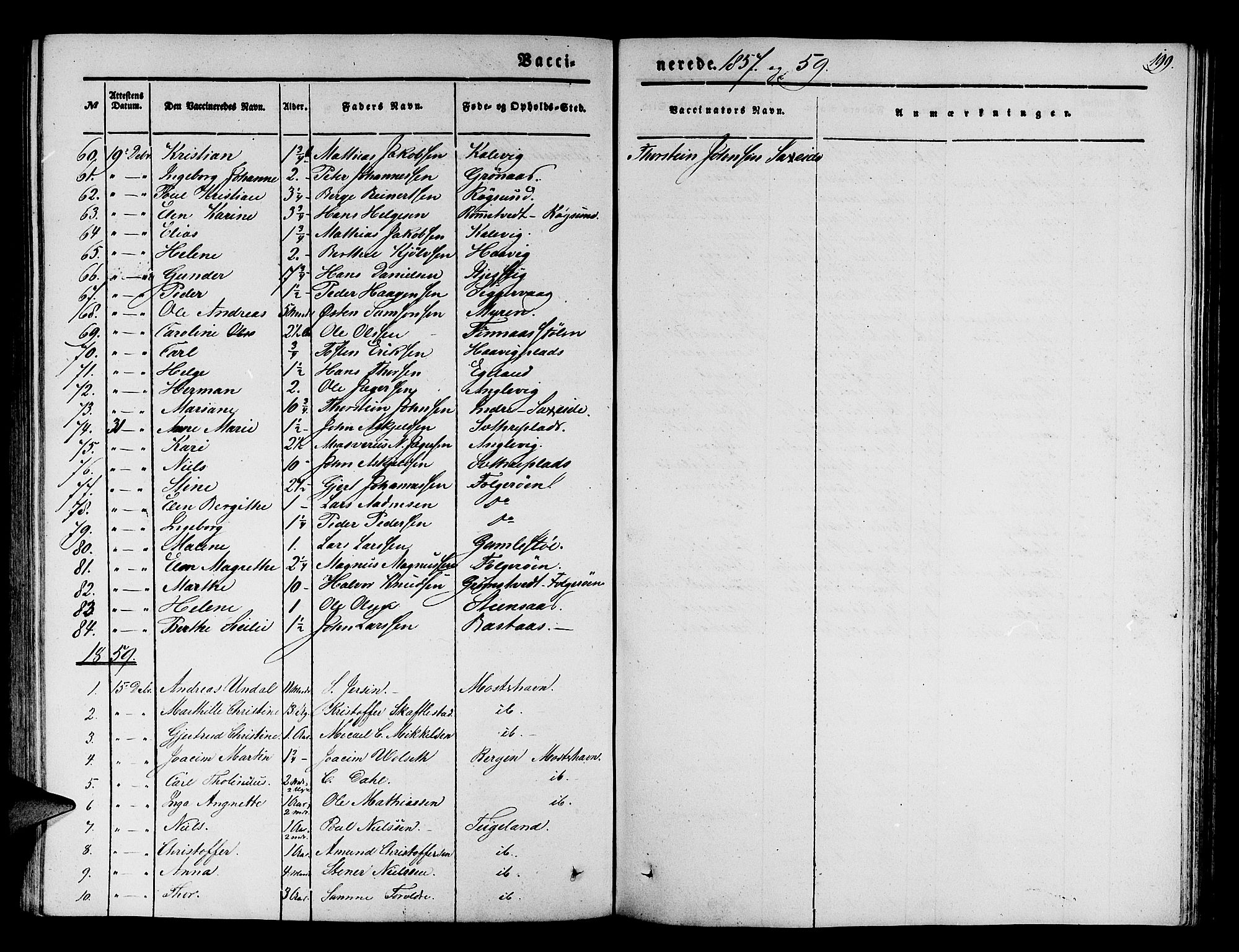 Finnås sokneprestembete, SAB/A-99925/H/Ha/Hab/Haba/L0001: Parish register (copy) no. A 1, 1851-1873, p. 199