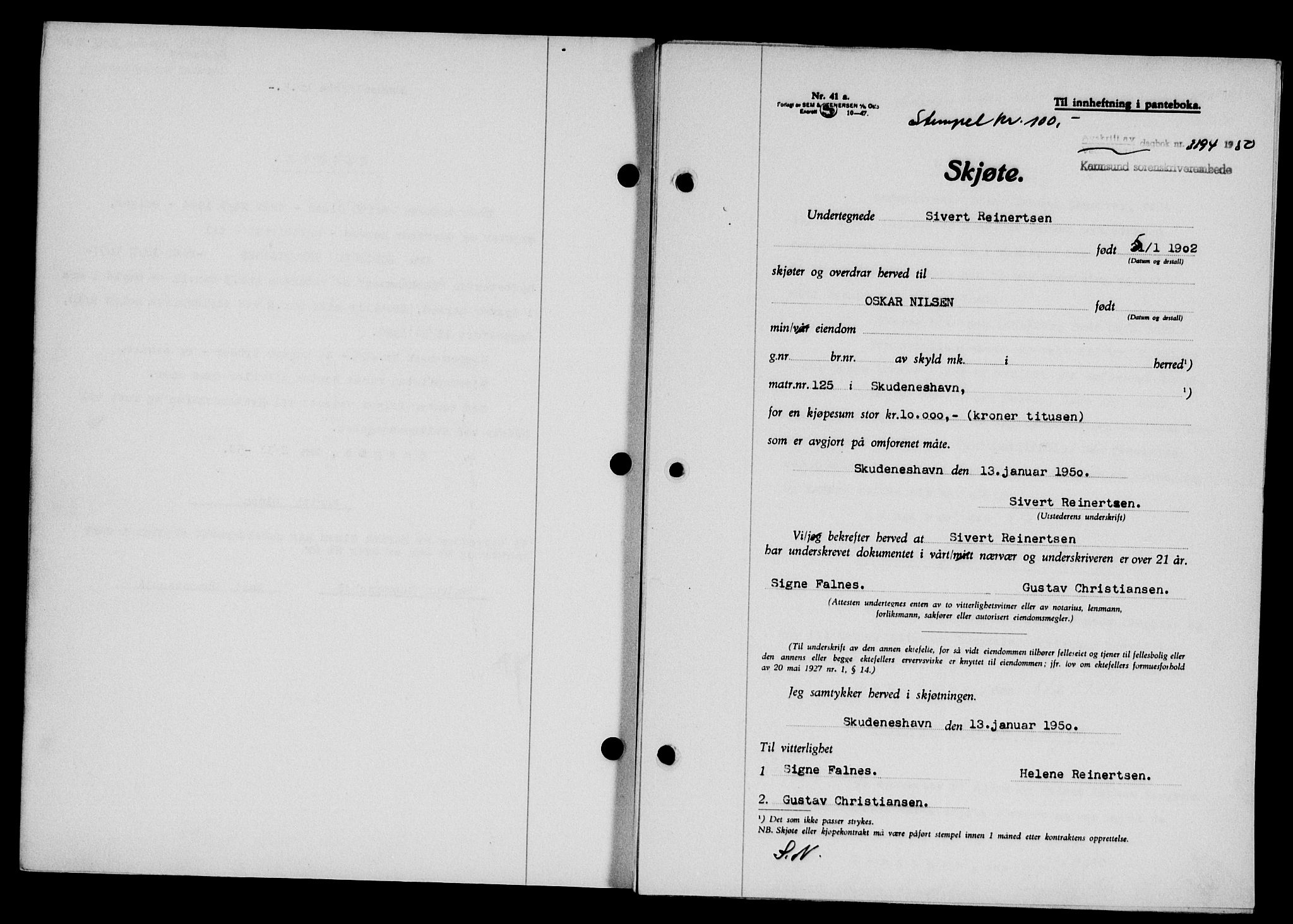 Karmsund sorenskriveri, SAST/A-100311/01/II/IIB/L0101: Mortgage book no. 81A, 1950-1951, Diary no: : 3194/1950