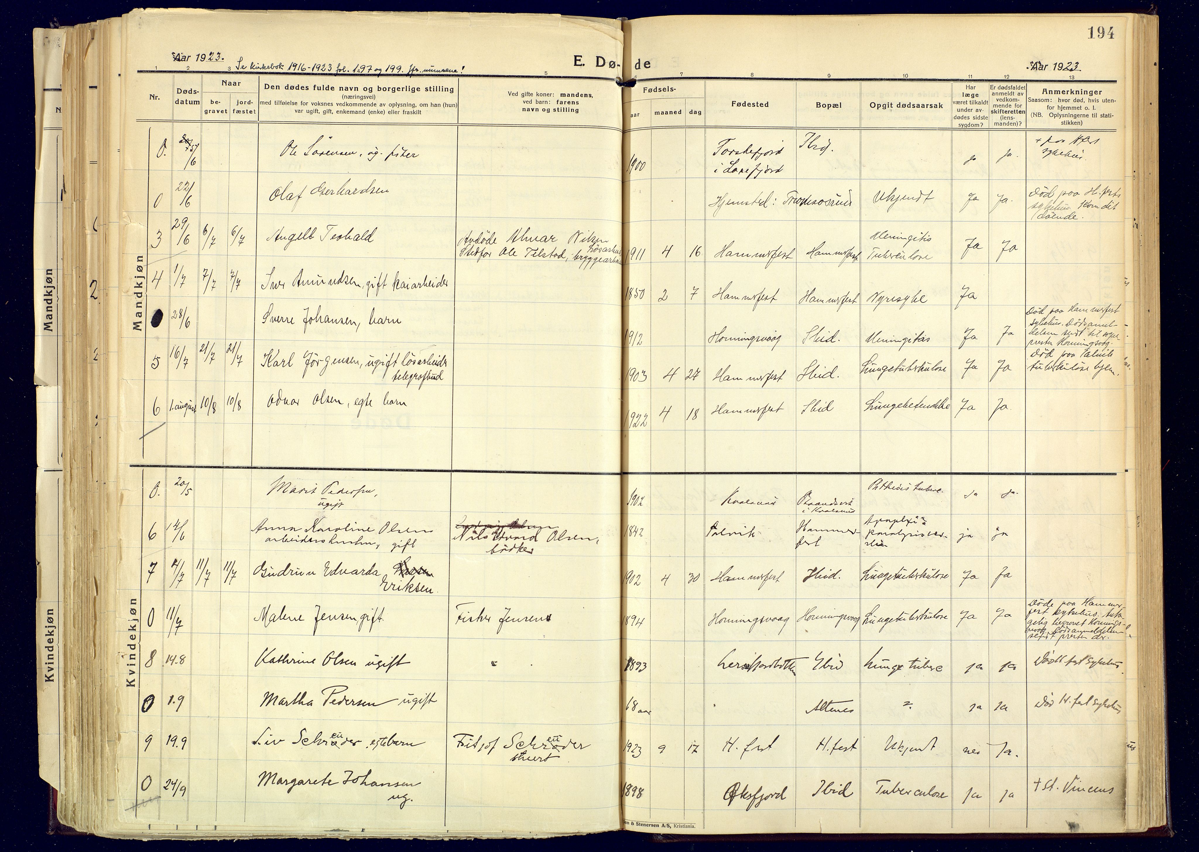 Hammerfest sokneprestkontor, AV/SATØ-S-1347/H/Ha/L0017.kirke: Parish register (official) no. 17, 1923-1933, p. 194