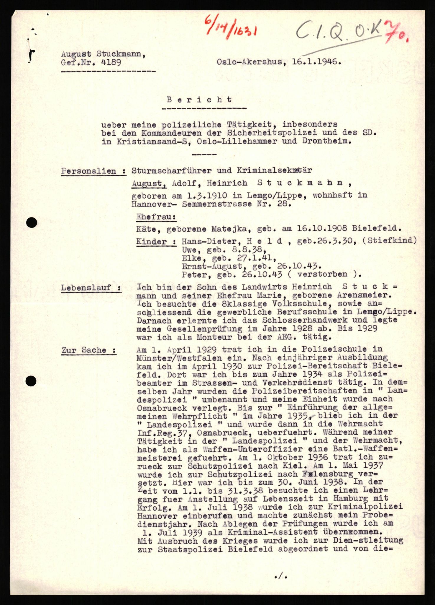 Forsvaret, Forsvarets overkommando II, RA/RAFA-3915/D/Db/L0033: CI Questionaires. Tyske okkupasjonsstyrker i Norge. Tyskere., 1945-1946, p. 276