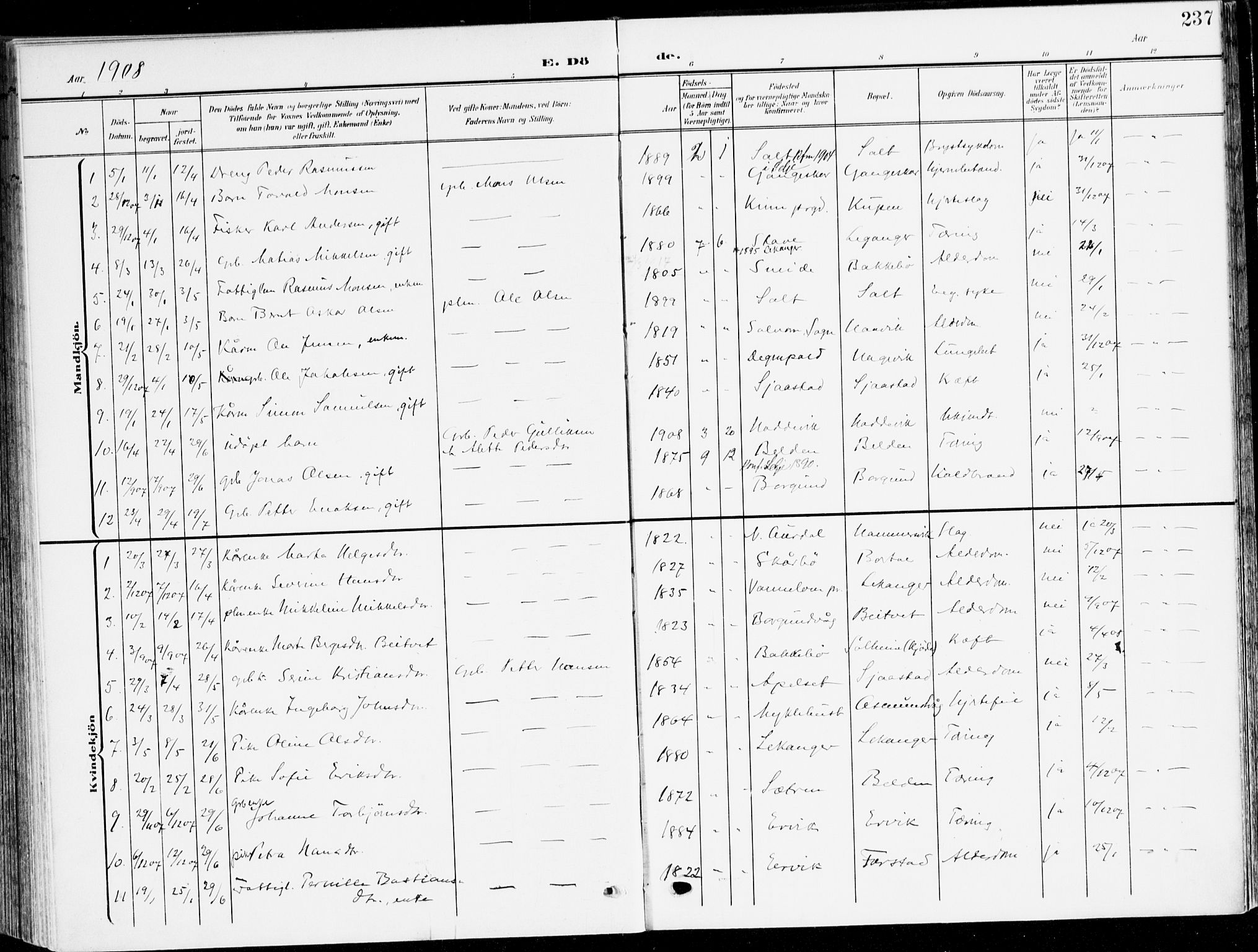 Selje sokneprestembete, SAB/A-99938/H/Ha/Haa/Haab: Parish register (official) no. B 3, 1908-1923, p. 237