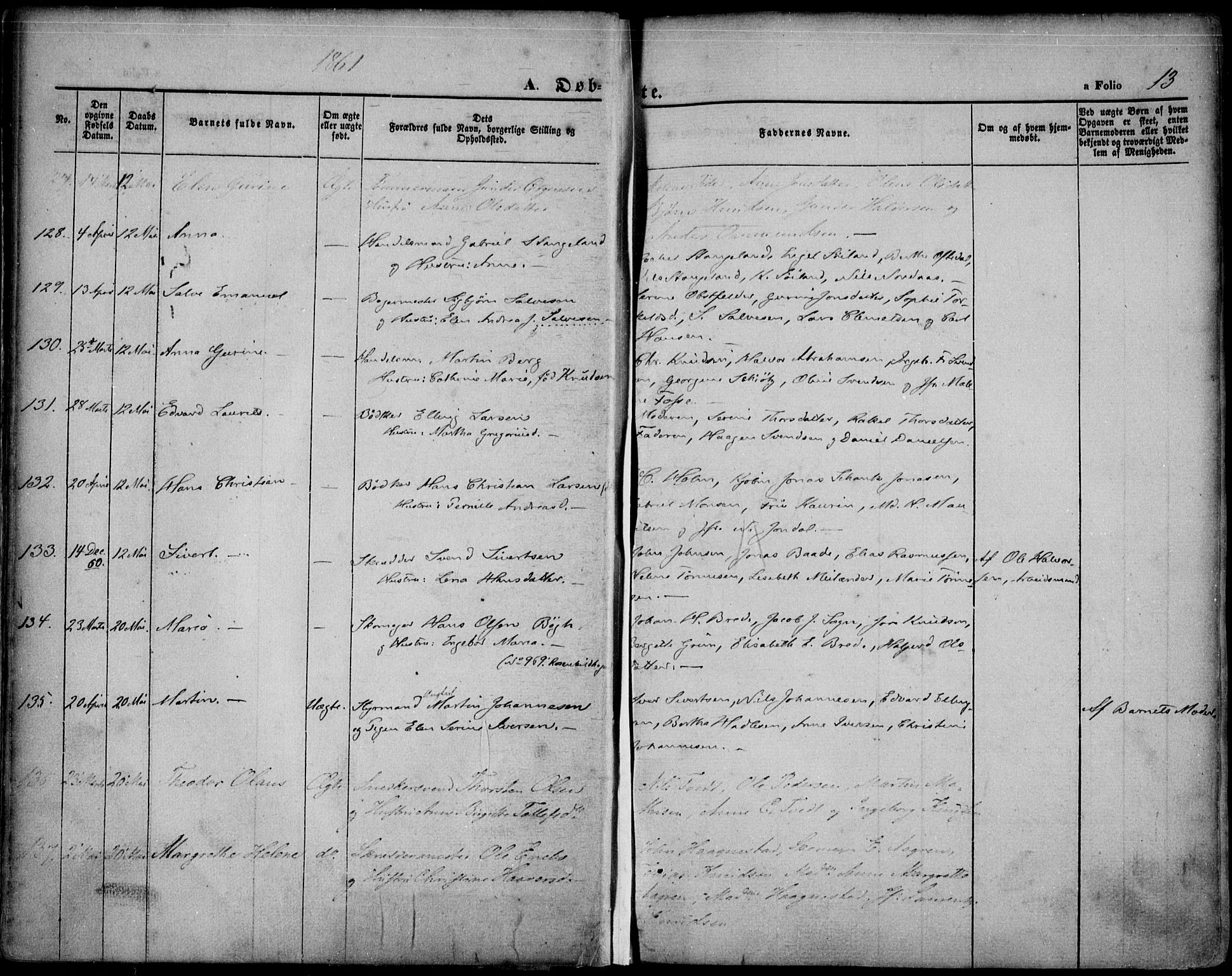 St. Petri sokneprestkontor, AV/SAST-A-101813/001/30/30BA/L0001: Parish register (official) no. A 1, 1861-1868, p. 13