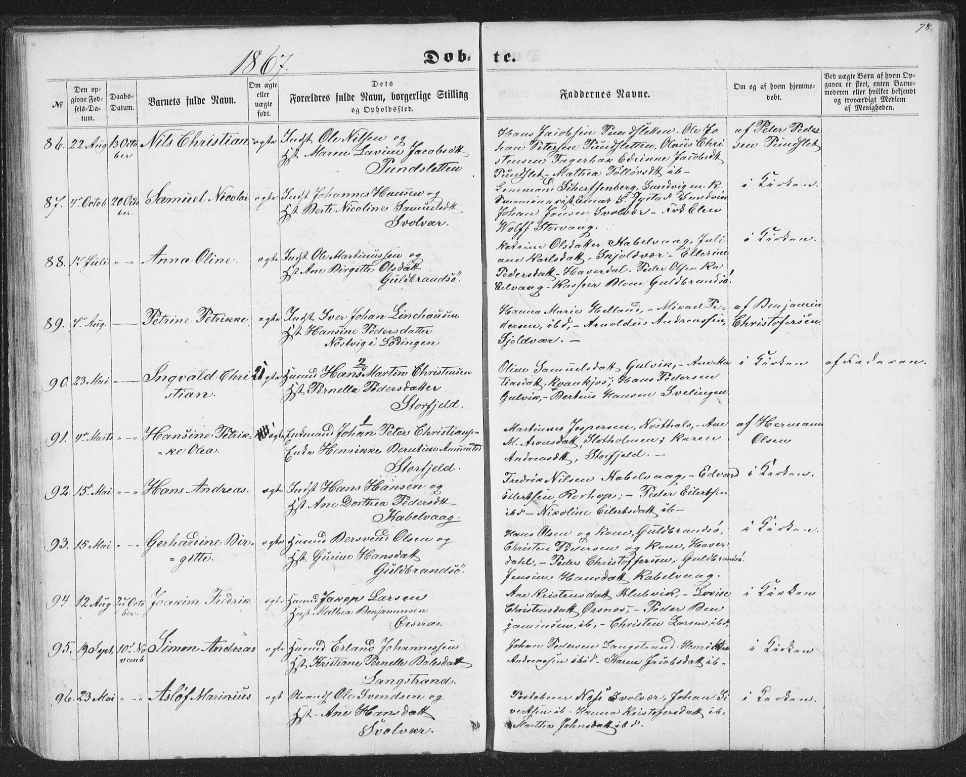 Ministerialprotokoller, klokkerbøker og fødselsregistre - Nordland, AV/SAT-A-1459/874/L1073: Parish register (copy) no. 874C02, 1860-1870, p. 78