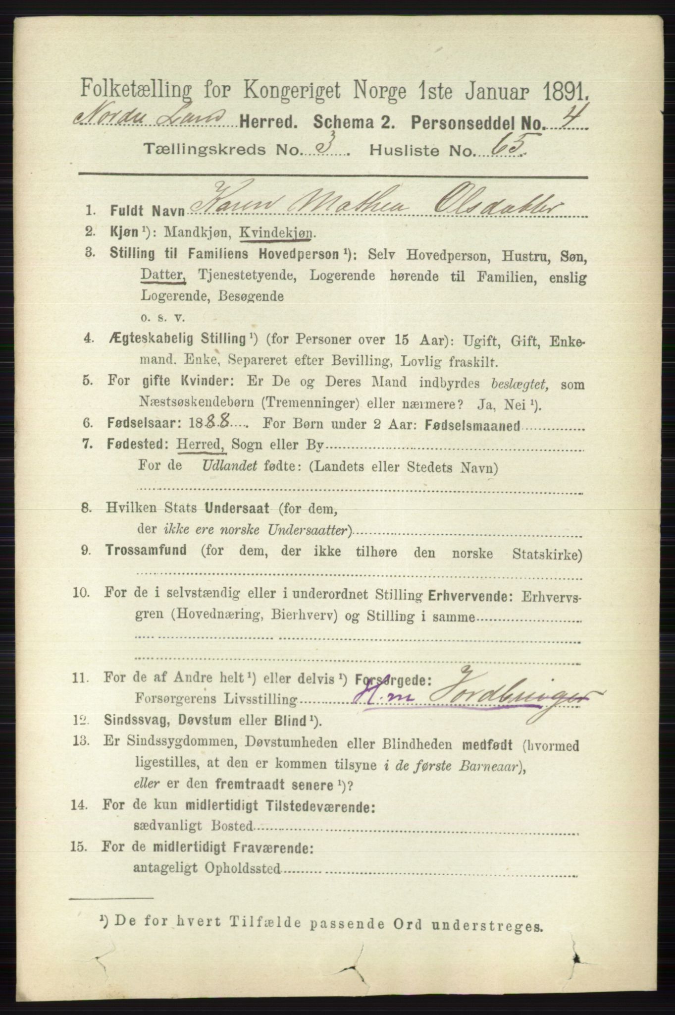 RA, 1891 census for 0538 Nordre Land, 1891, p. 1302