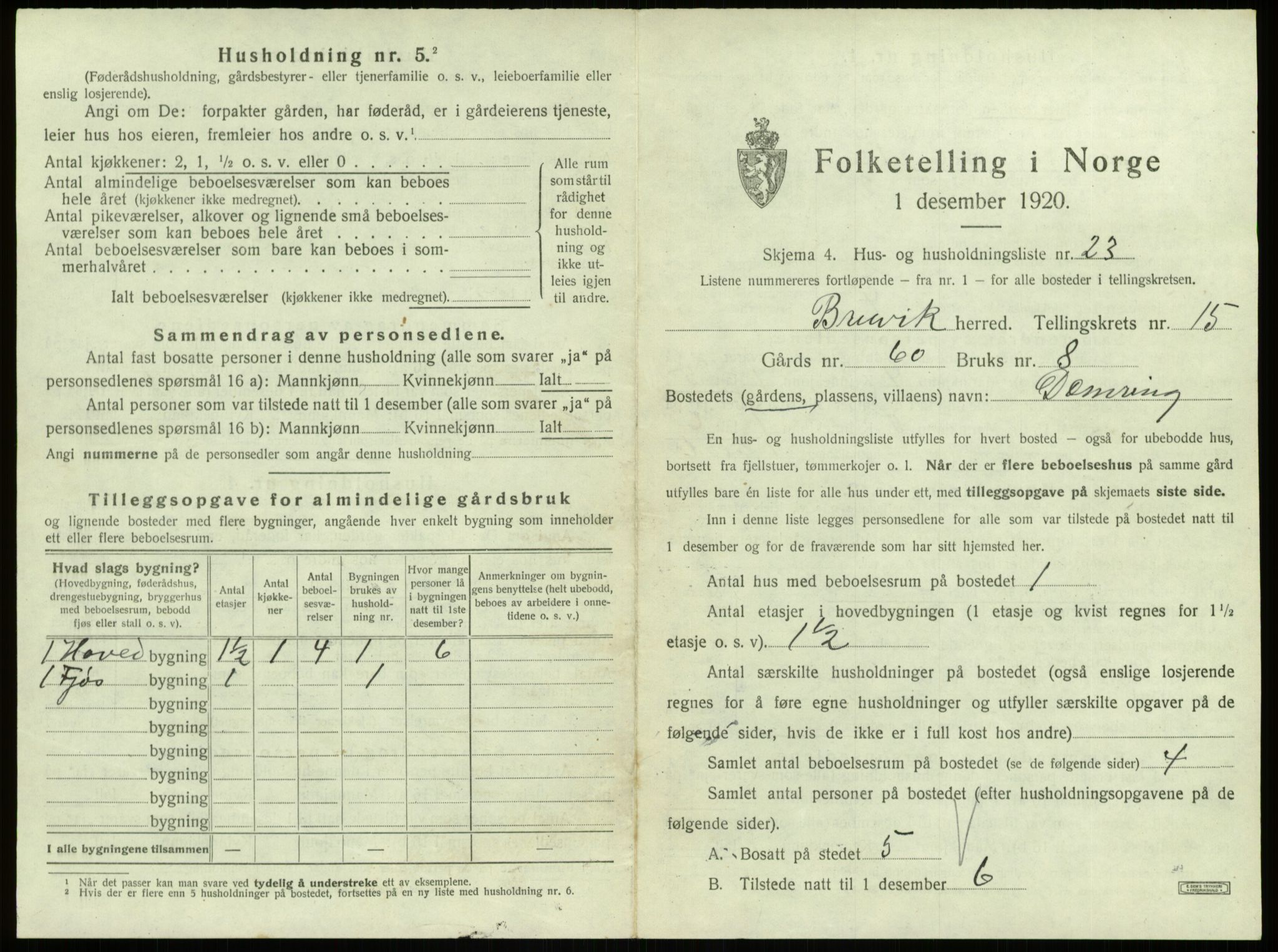 SAB, 1920 census for Bruvik, 1920, p. 1063