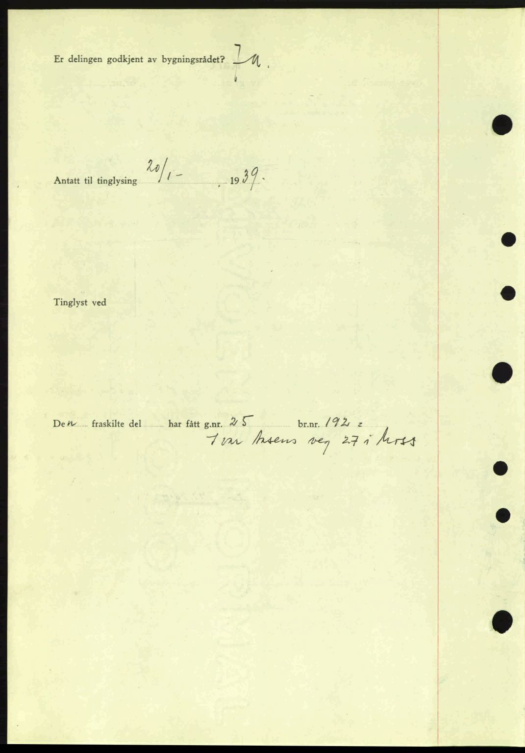 Moss sorenskriveri, SAO/A-10168: Mortgage book no. A5, 1938-1939, Diary no: : 186/1939