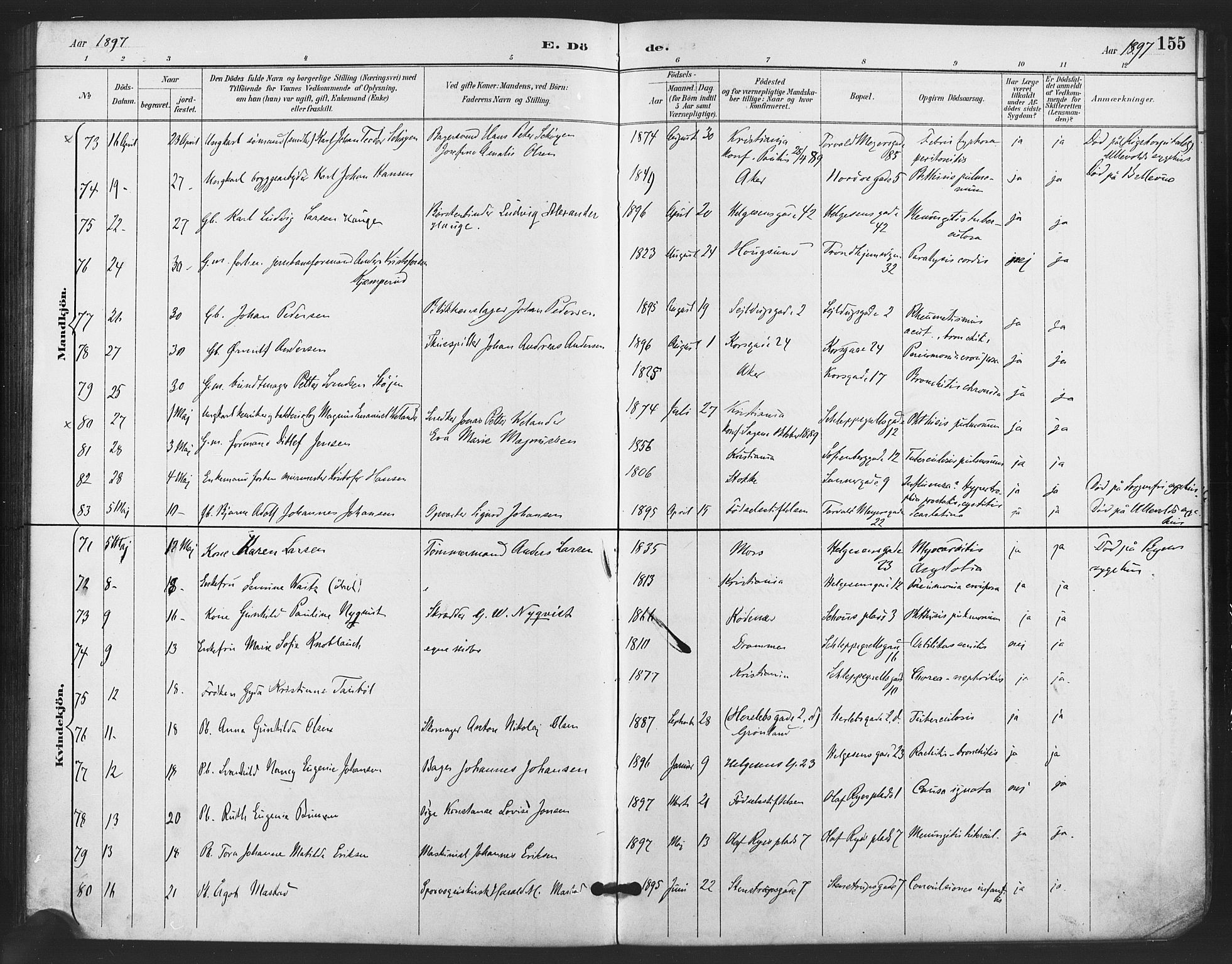 Paulus prestekontor Kirkebøker, SAO/A-10871/F/Fa/L0011: Parish register (official) no. 11, 1889-1897, p. 155
