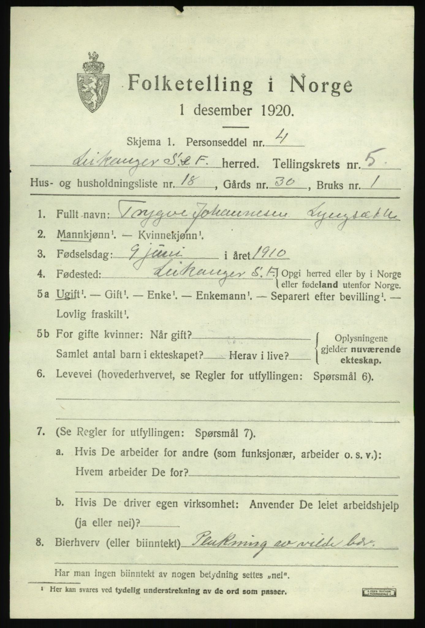 SAB, 1920 census for Leikanger, 1920, p. 3812