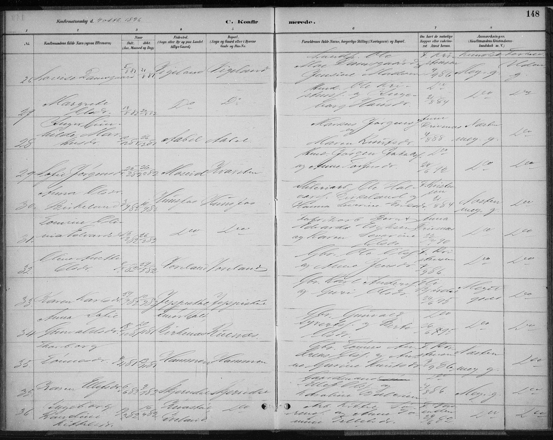 Vennesla sokneprestkontor, AV/SAK-1111-0045/Fa/Fab/L0004: Parish register (official) no. A 4, 1884-1896, p. 148