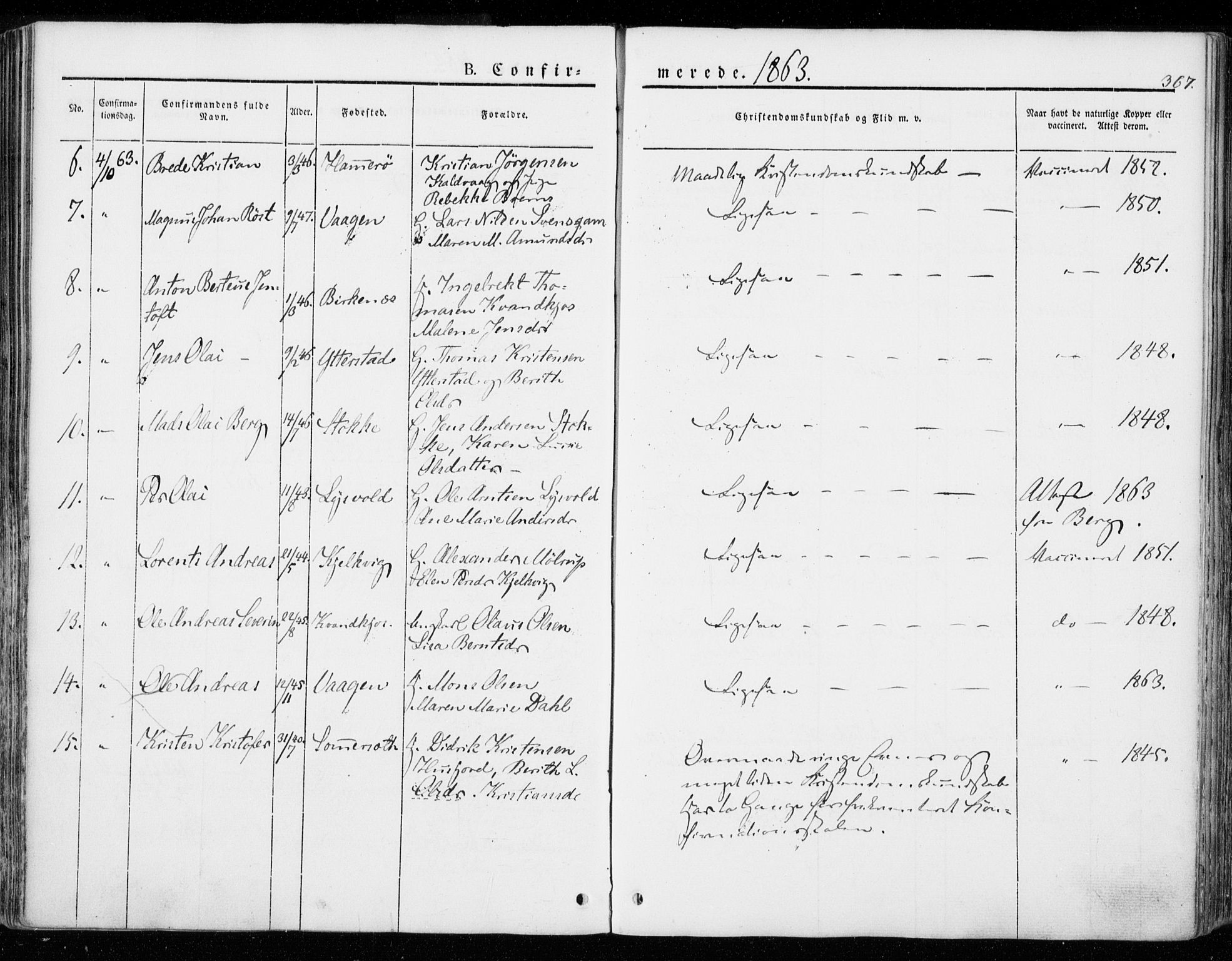 Ministerialprotokoller, klokkerbøker og fødselsregistre - Nordland, AV/SAT-A-1459/872/L1033: Parish register (official) no. 872A08, 1840-1863, p. 367