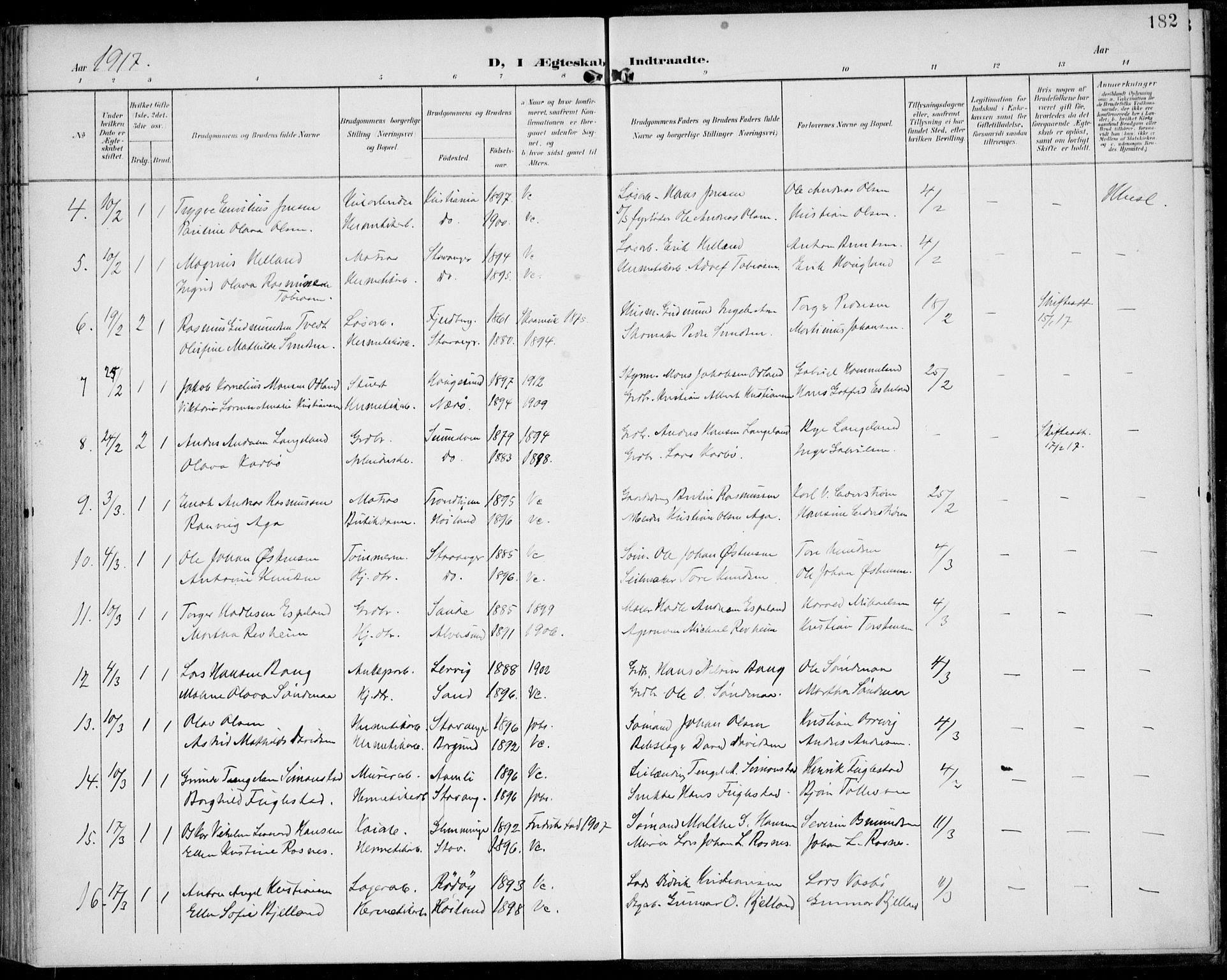 St. Johannes sokneprestkontor, SAST/A-101814/002/B/L0001: Parish register (official) no. A 8, 1899-1917, p. 182