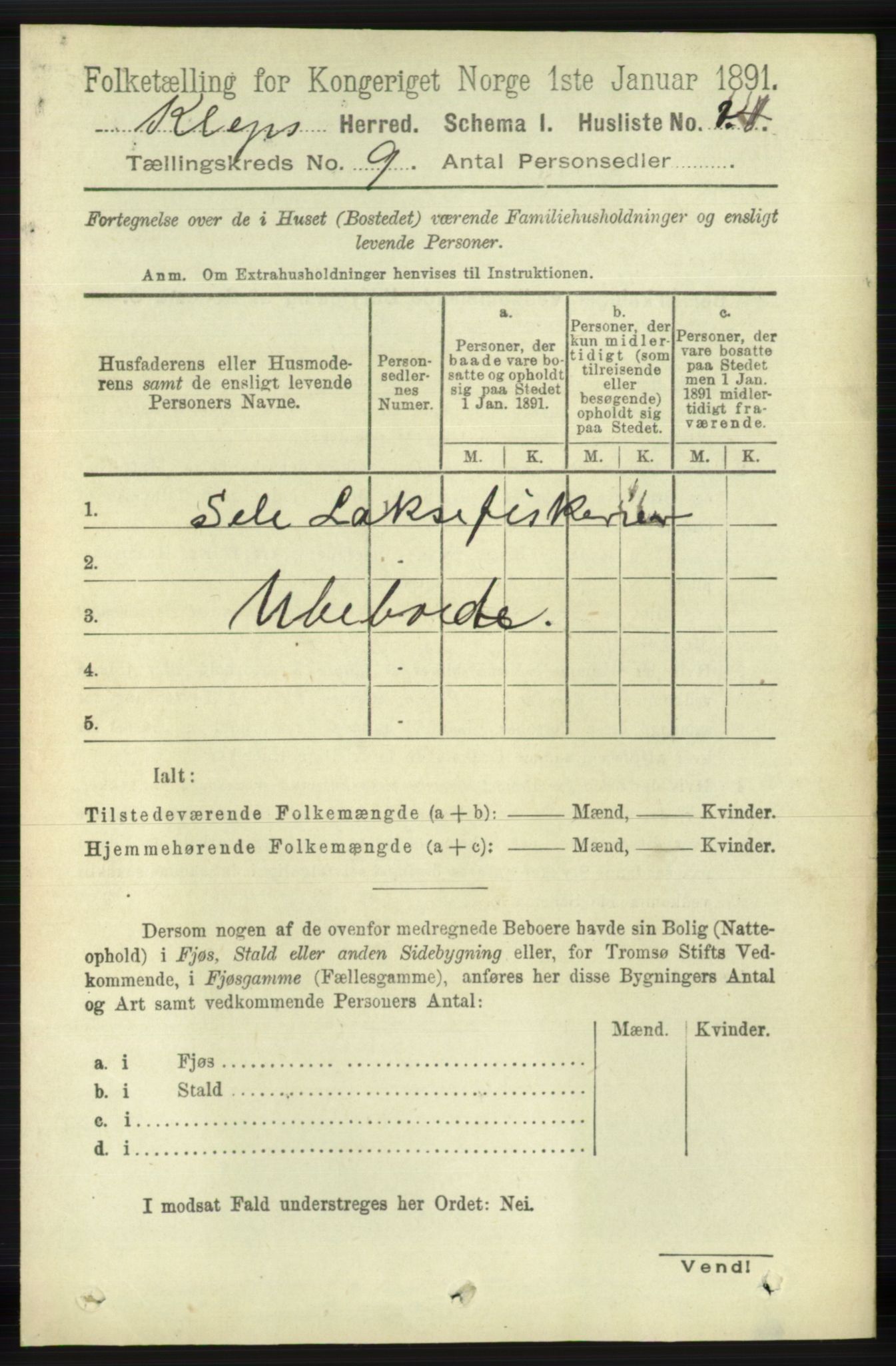 RA, 1891 census for 1120 Klepp, 1891, p. 2722