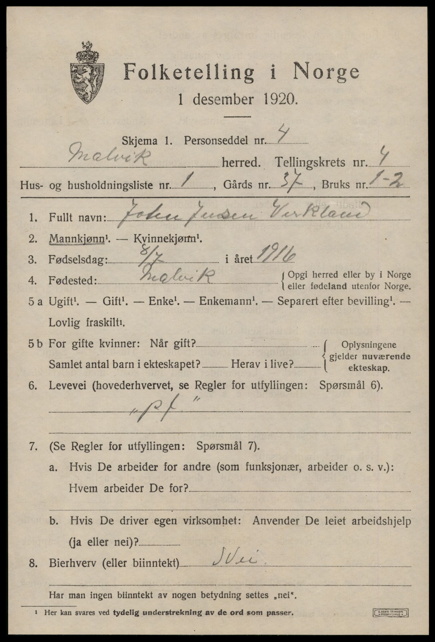 SAT, 1920 census for Malvik, 1920, p. 2574