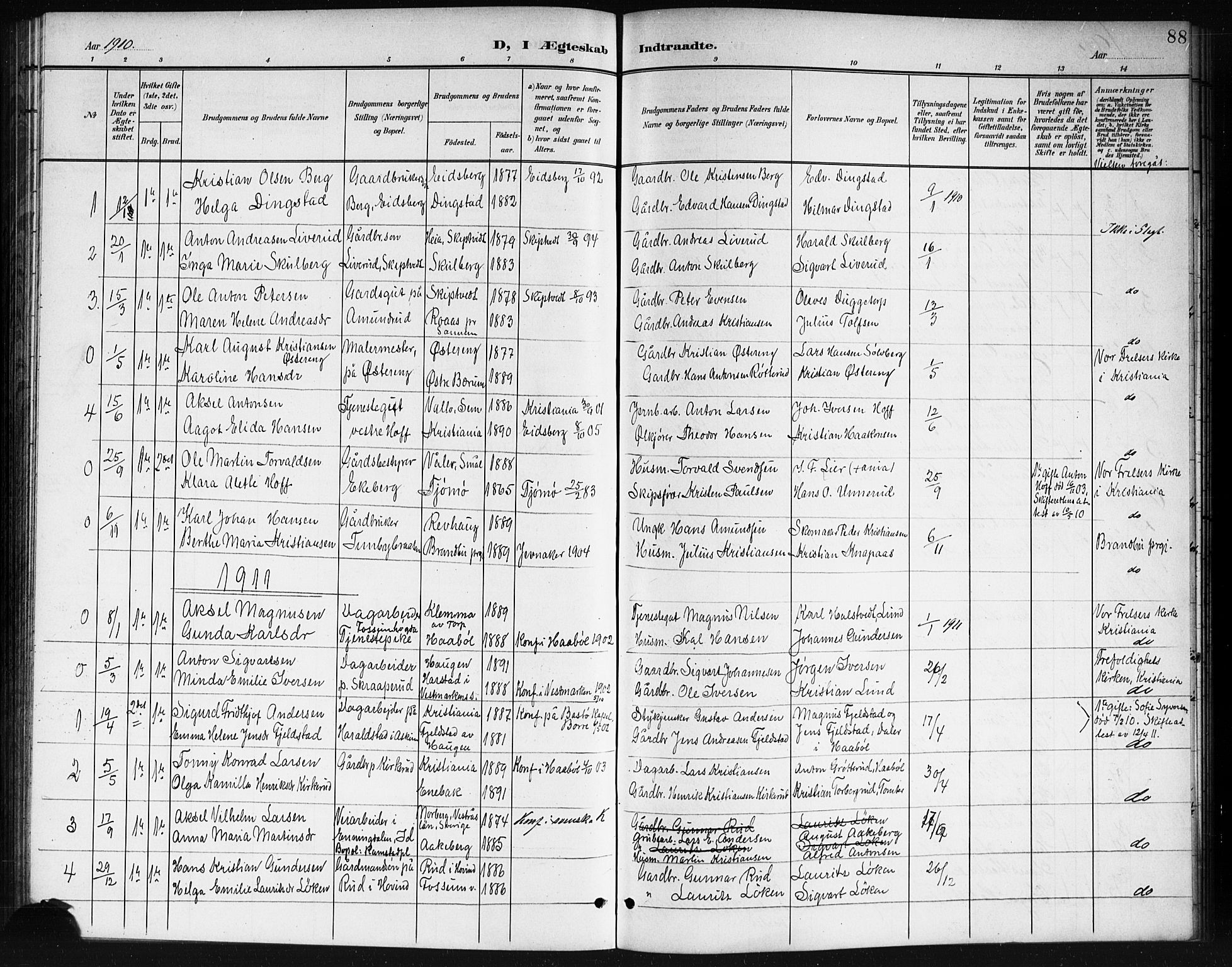 Spydeberg prestekontor Kirkebøker, AV/SAO-A-10924/G/Ga/L0002: Parish register (copy) no. I 2, 1901-1922, p. 88