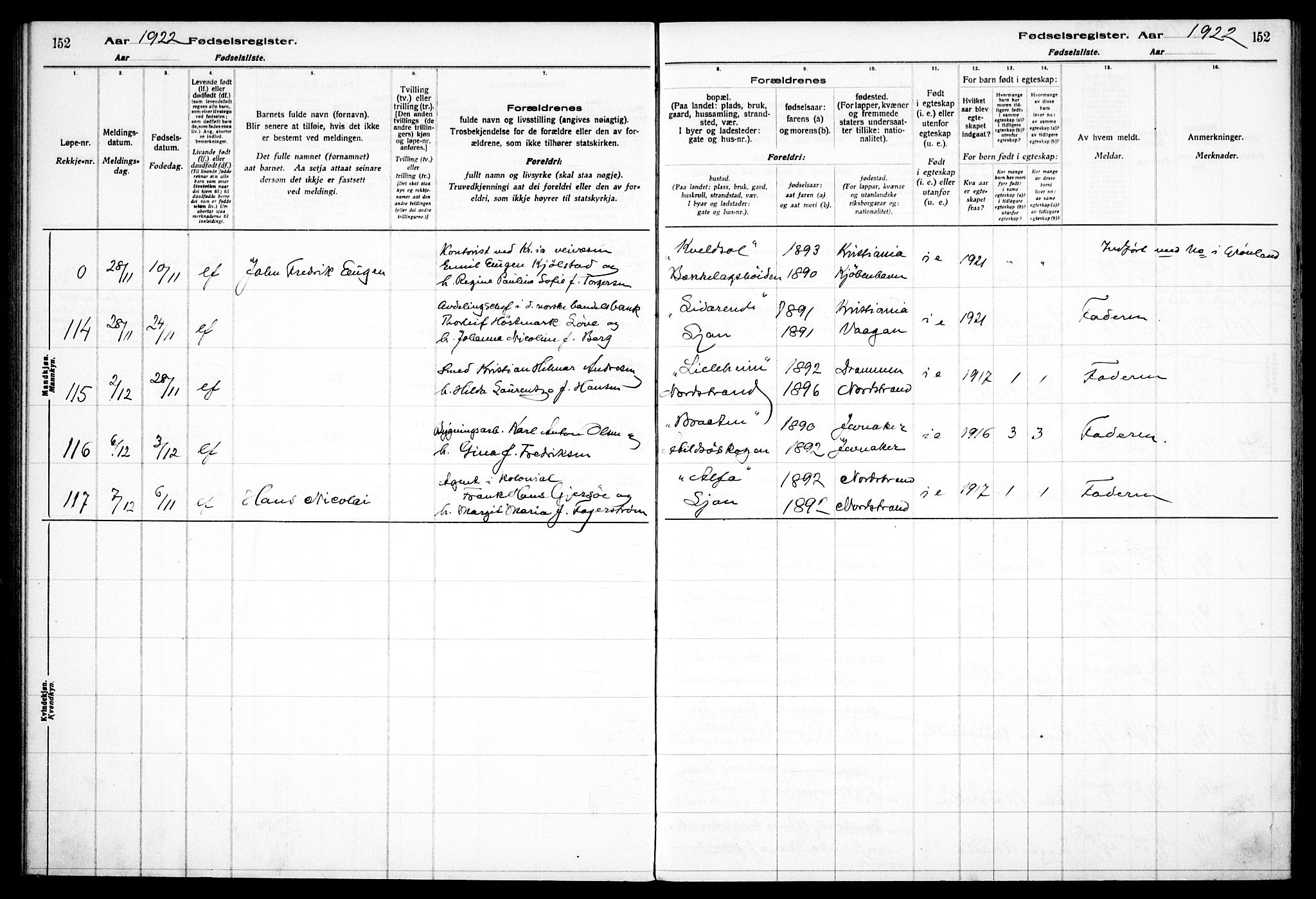 Nordstrand prestekontor Kirkebøker, AV/SAO-A-10362a/J/Ja/L0001: Birth register no. I 1, 1916-1924, p. 152