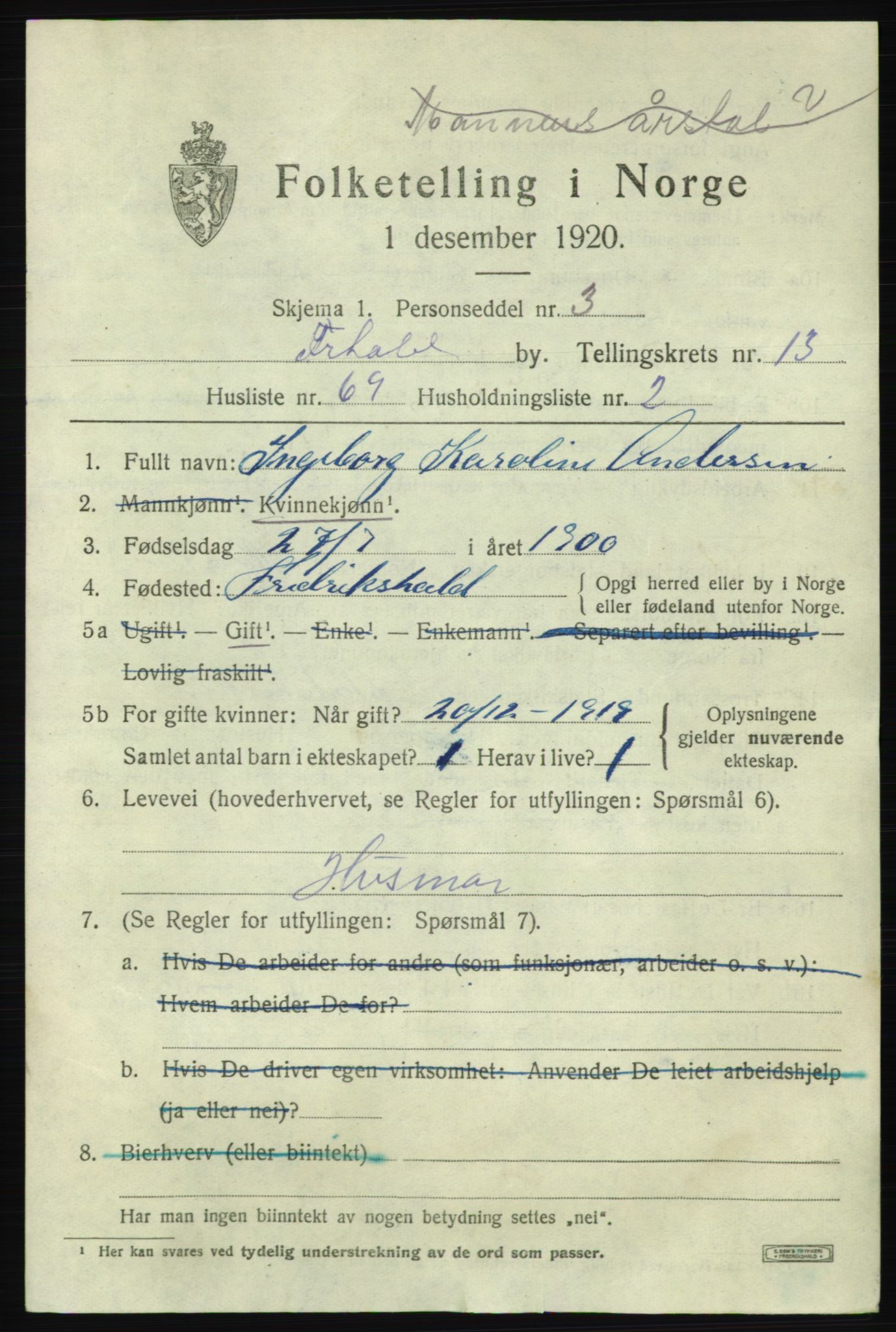 SAO, 1920 census for Fredrikshald, 1920, p. 22134